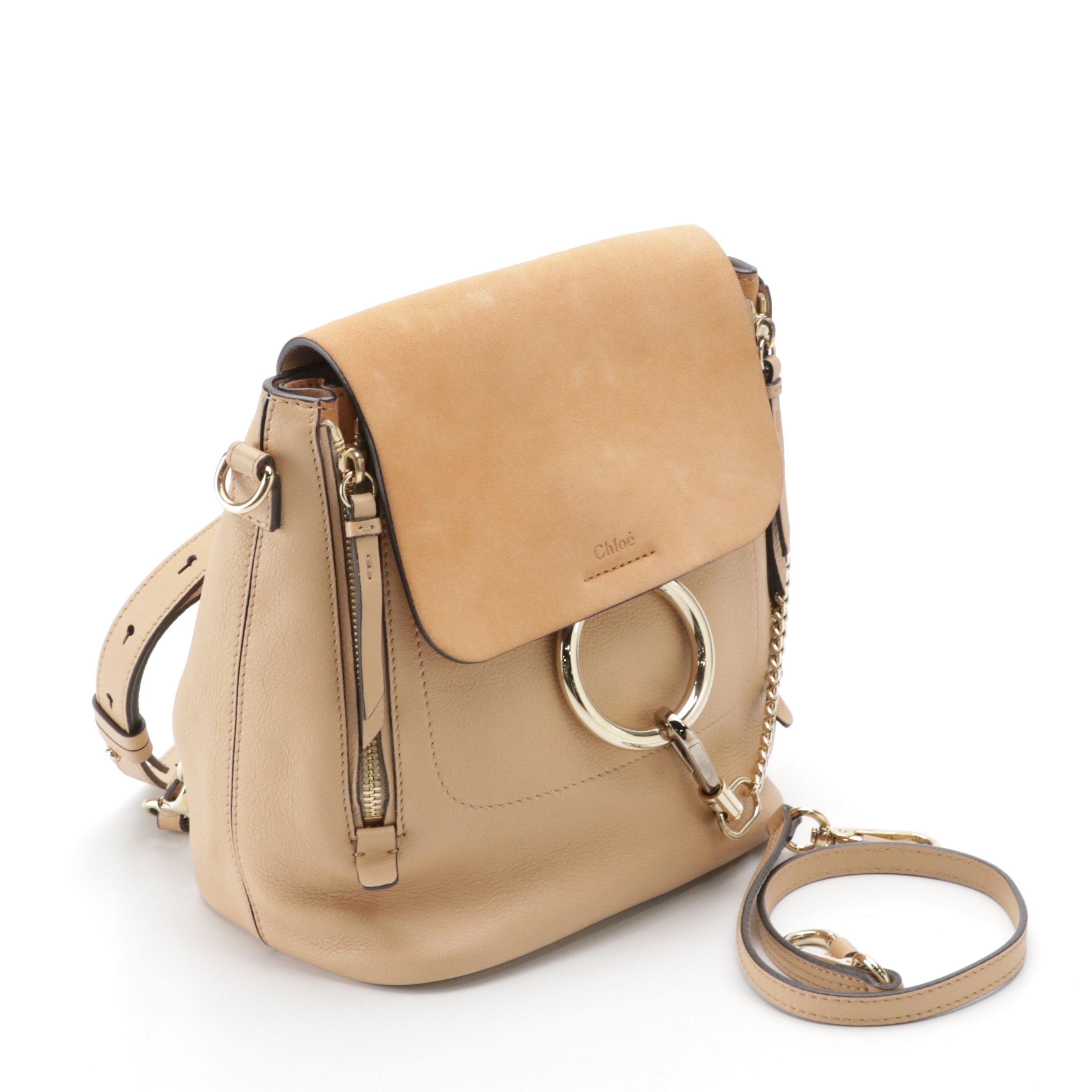 Chloé Faye Backpack in Tan Grained Calfskin Leather and Suede
