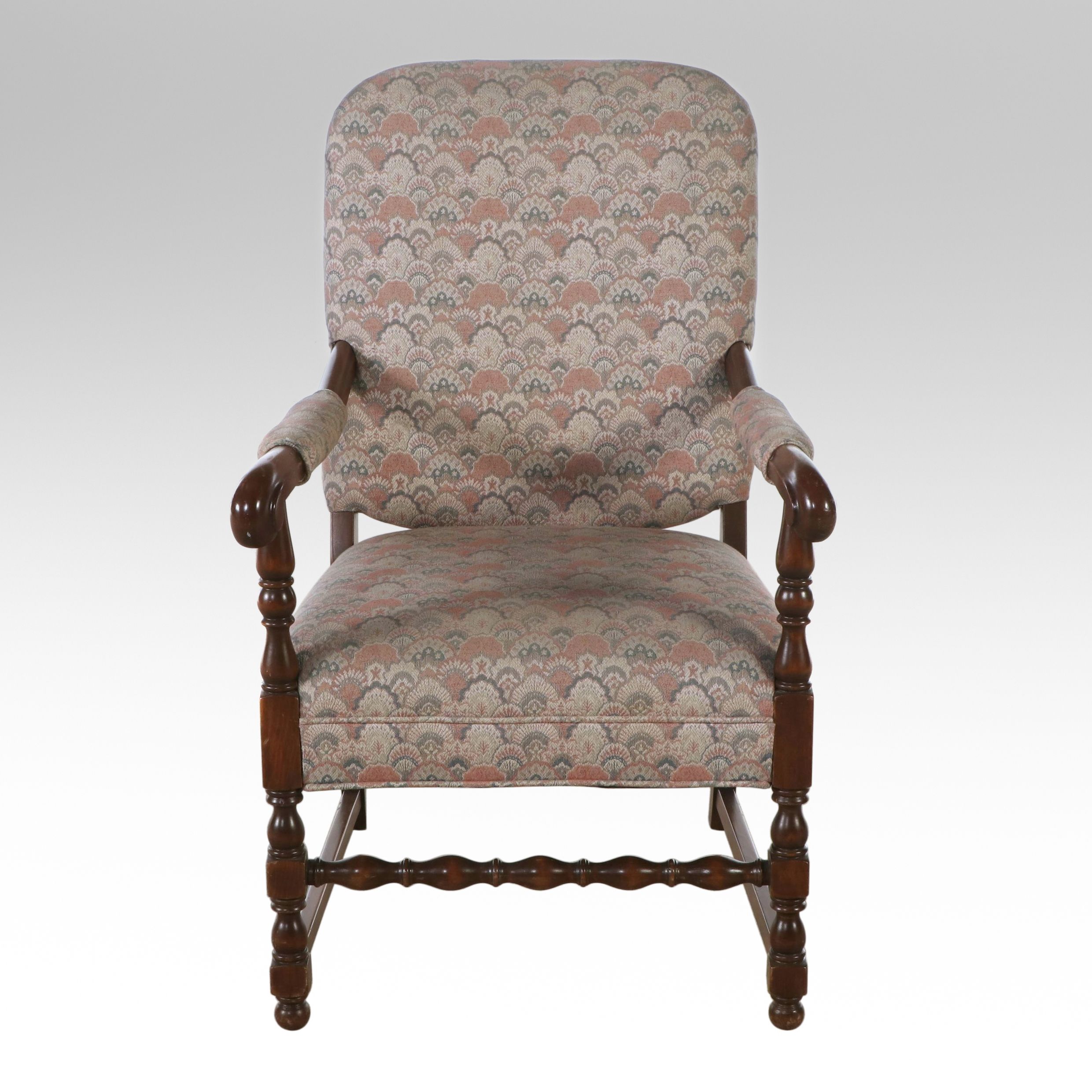 Jacobean Revival Style Upholstered Walnut Finish Armchair