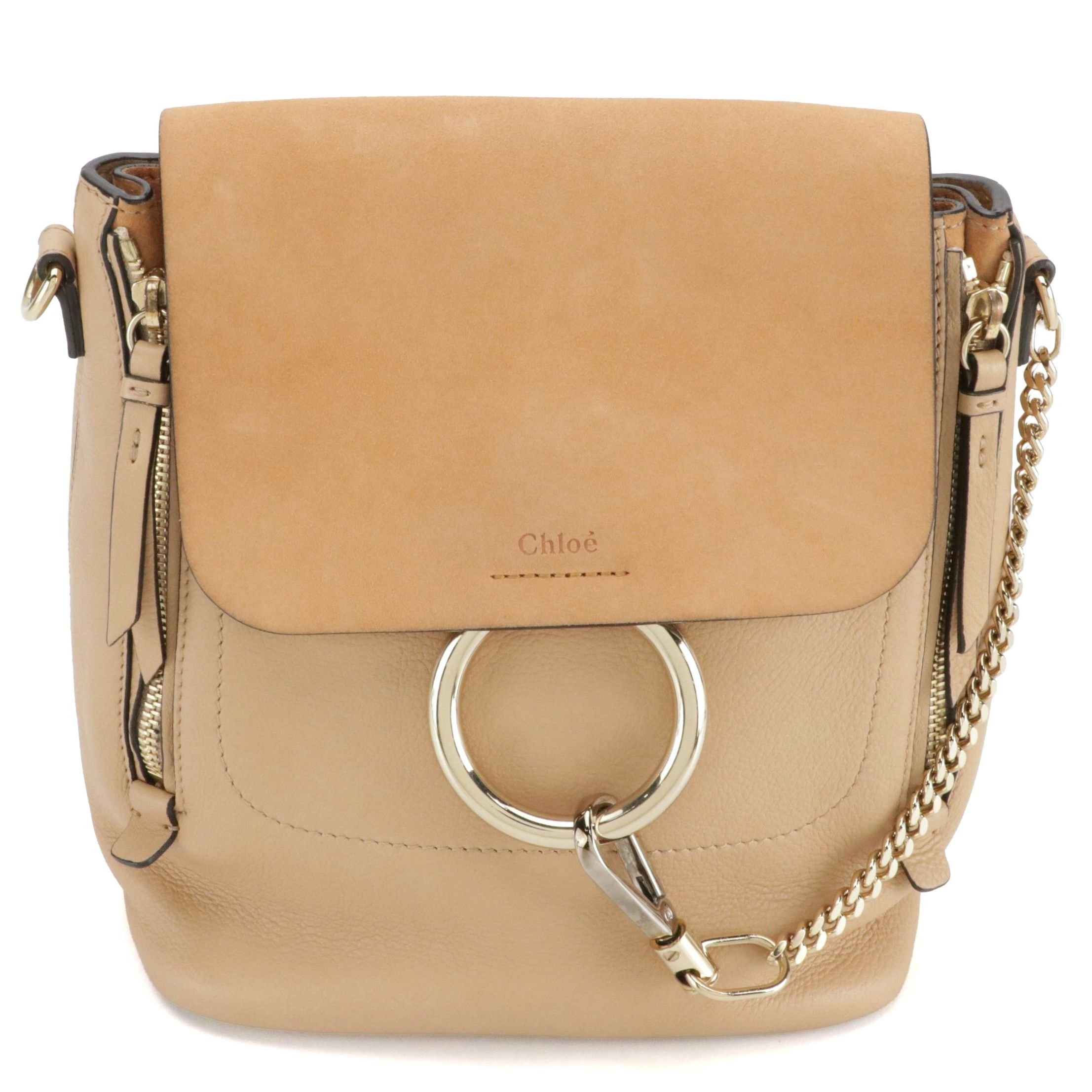 Chloé Faye Backpack in Tan Grained Calfskin Leather and Suede