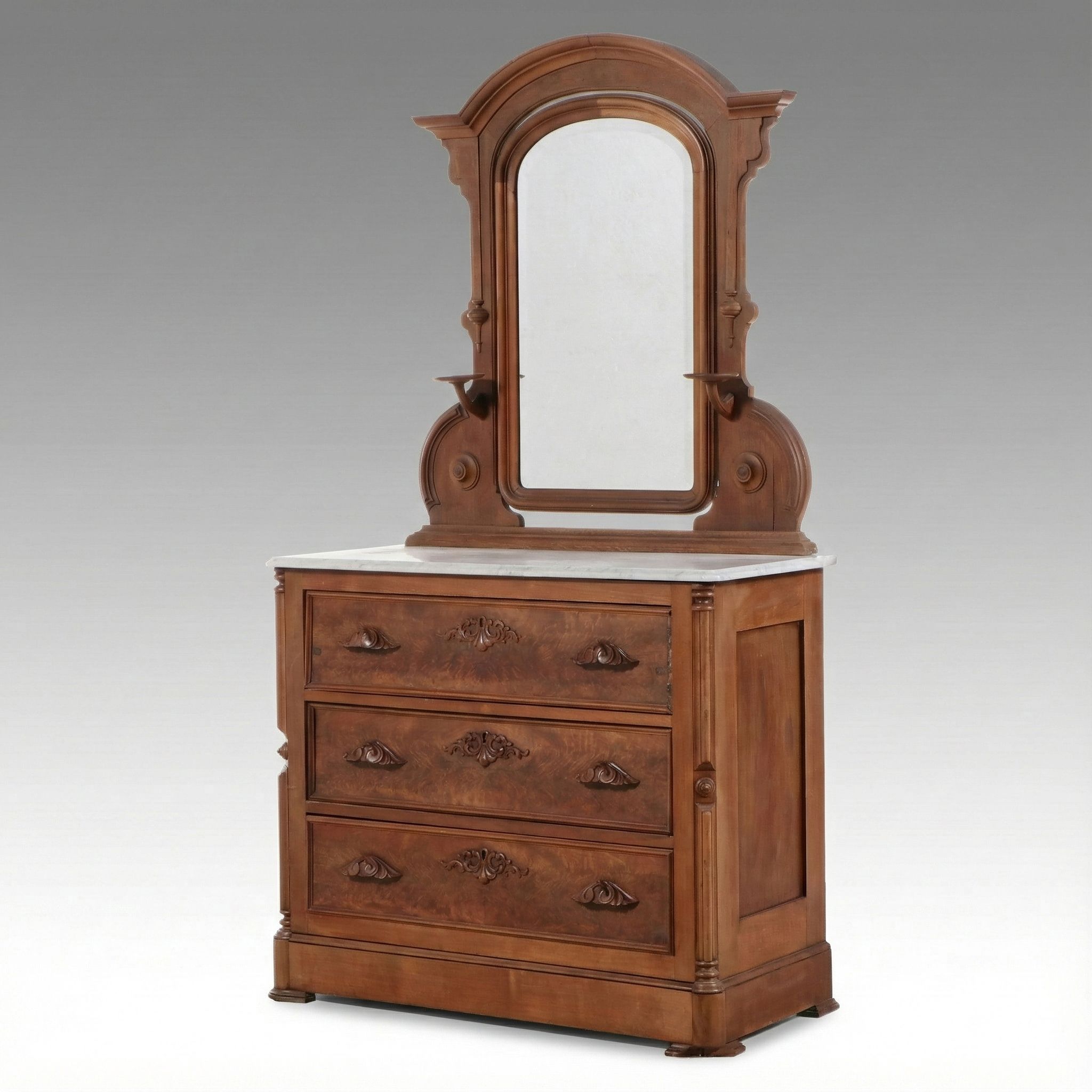 American Victorian Renaissance Revival Style Walnut and Burl Marble Top Dresser