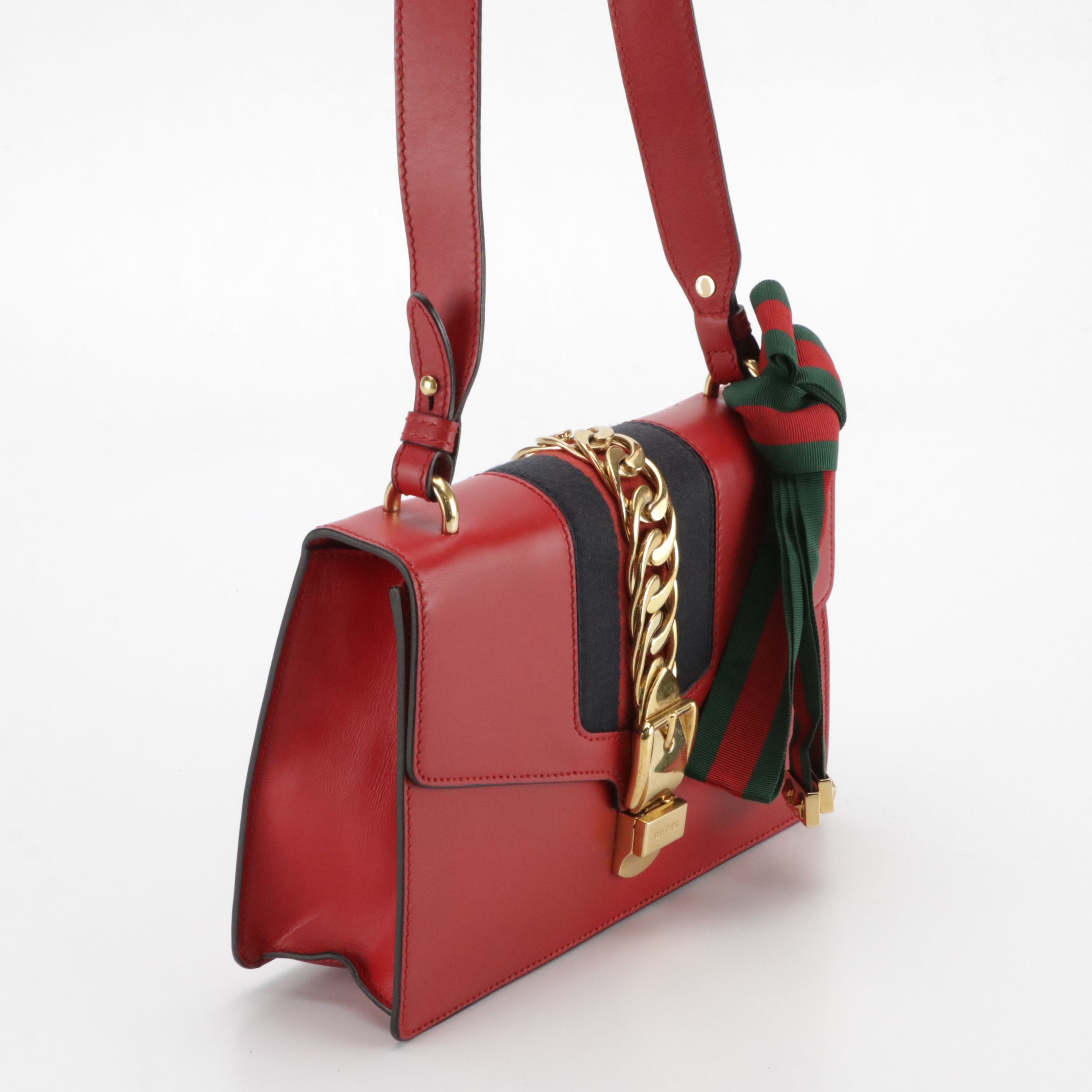 Gucci Medium Sylvie Shoulder Bag in Web Striped Red Calfskin Leather