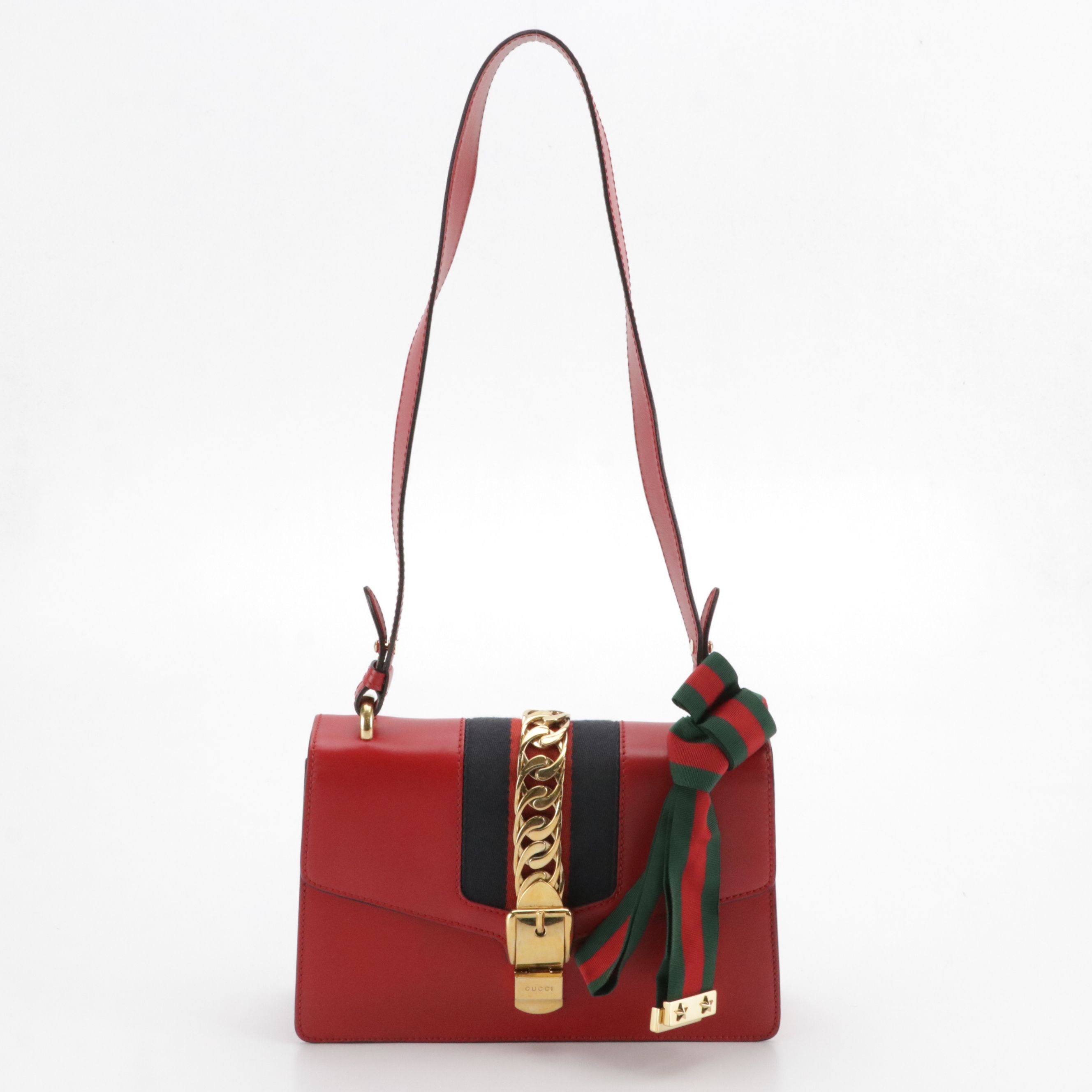 Gucci Medium Sylvie Shoulder Bag in Web Striped Red Calfskin Leather