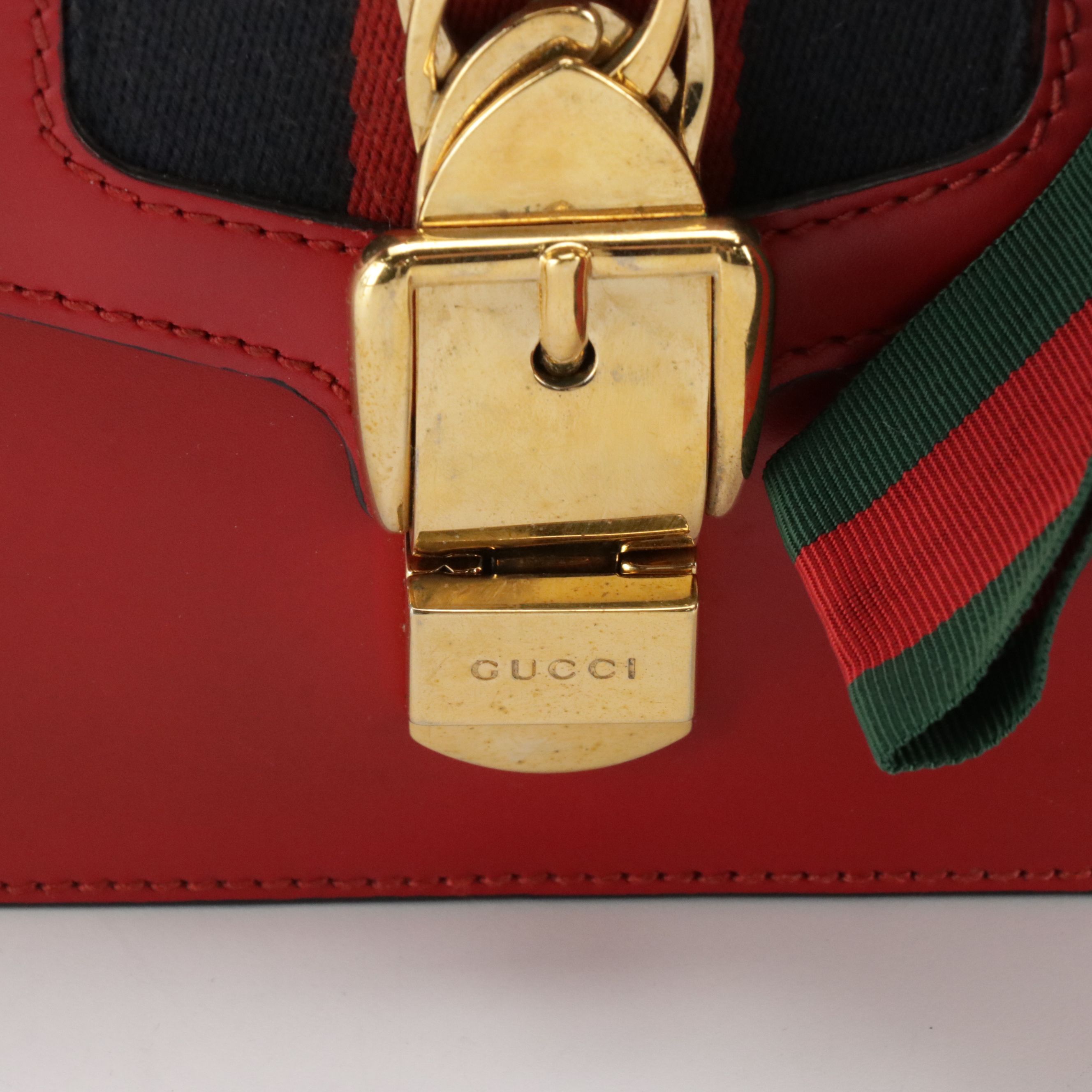 Gucci Medium Sylvie Shoulder Bag in Web Striped Red Calfskin Leather