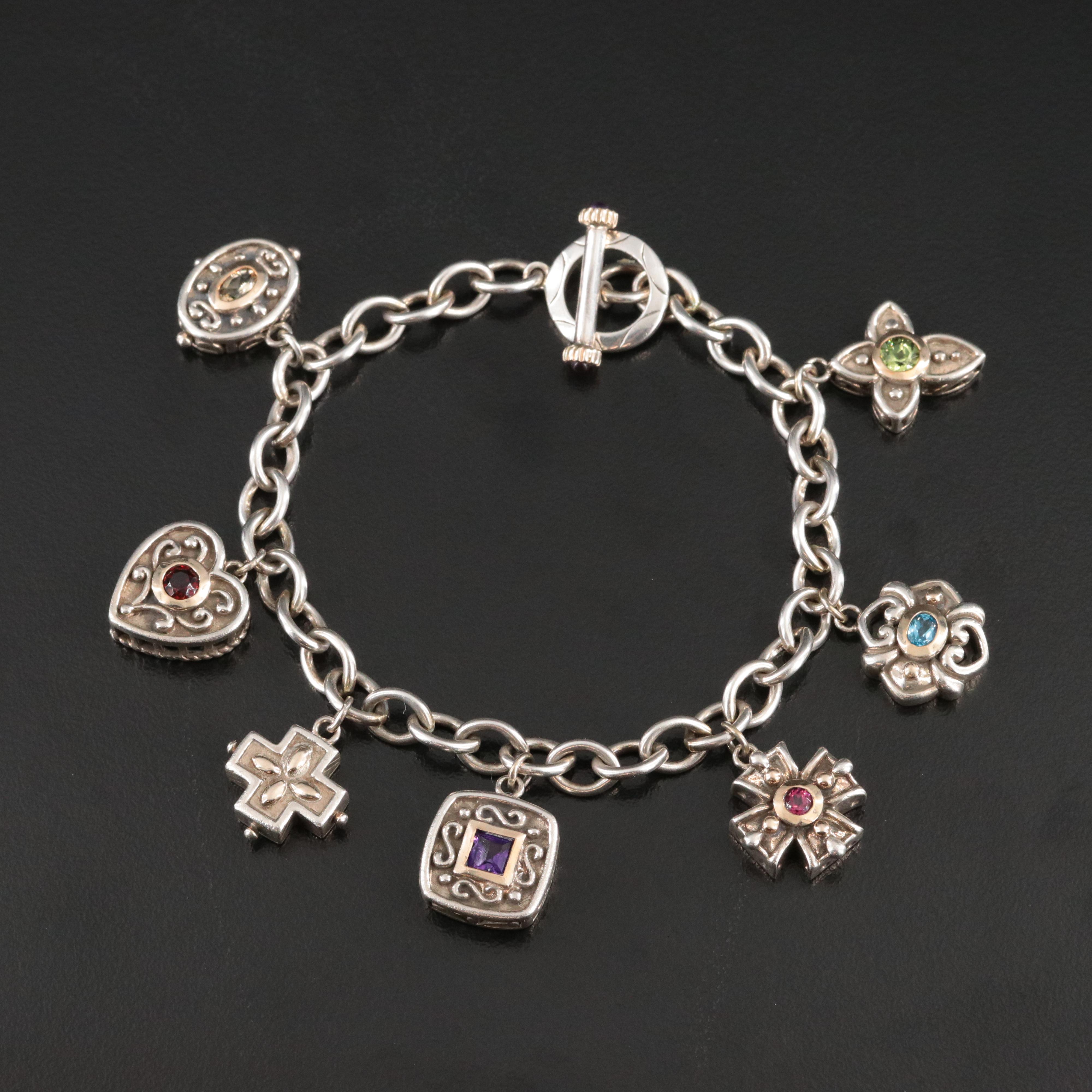 Sterling Charm Bracelet with 14K Accents Featuring Garnet, Citrine and Amethyst