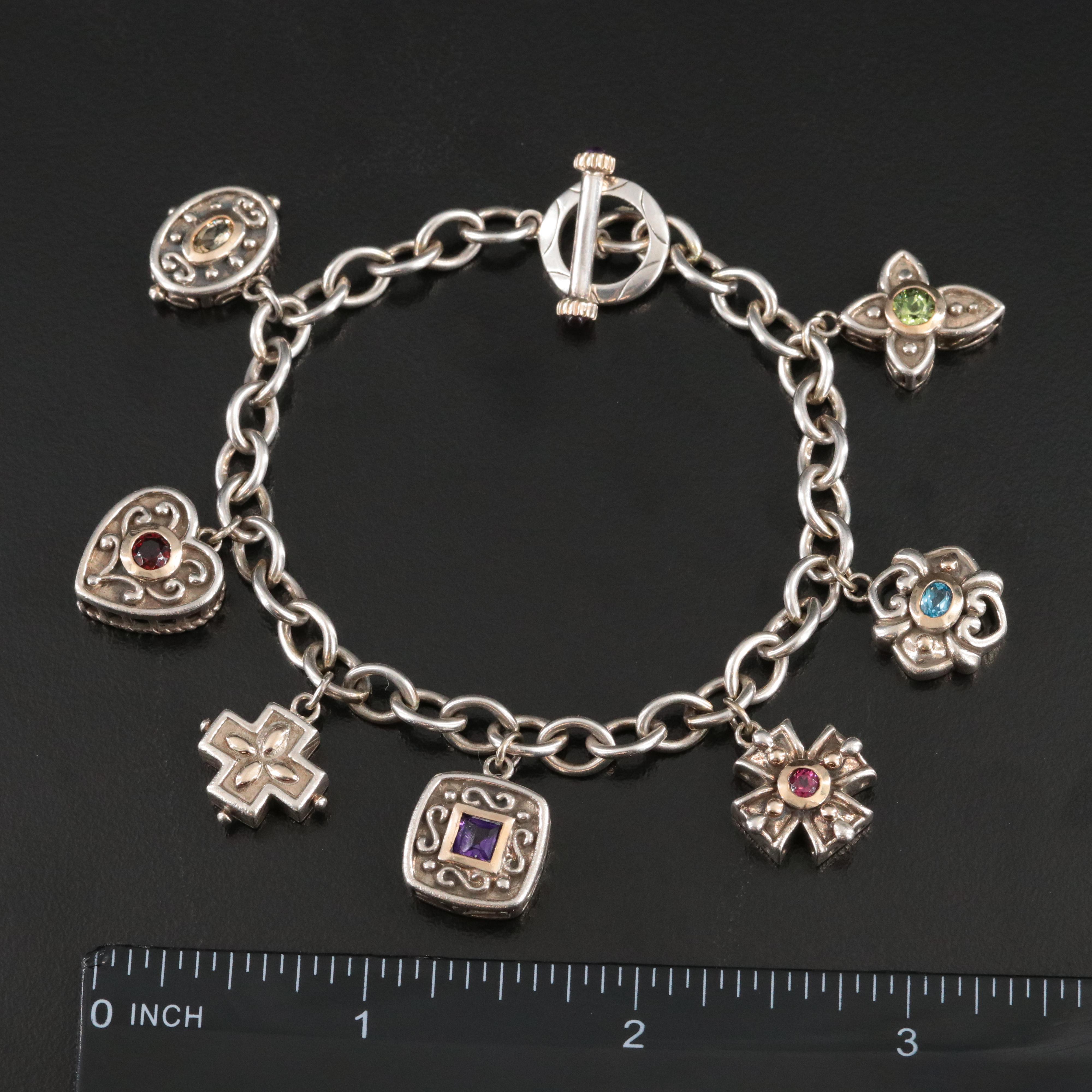 Sterling Charm Bracelet with 14K Accents Featuring Garnet, Citrine and Amethyst