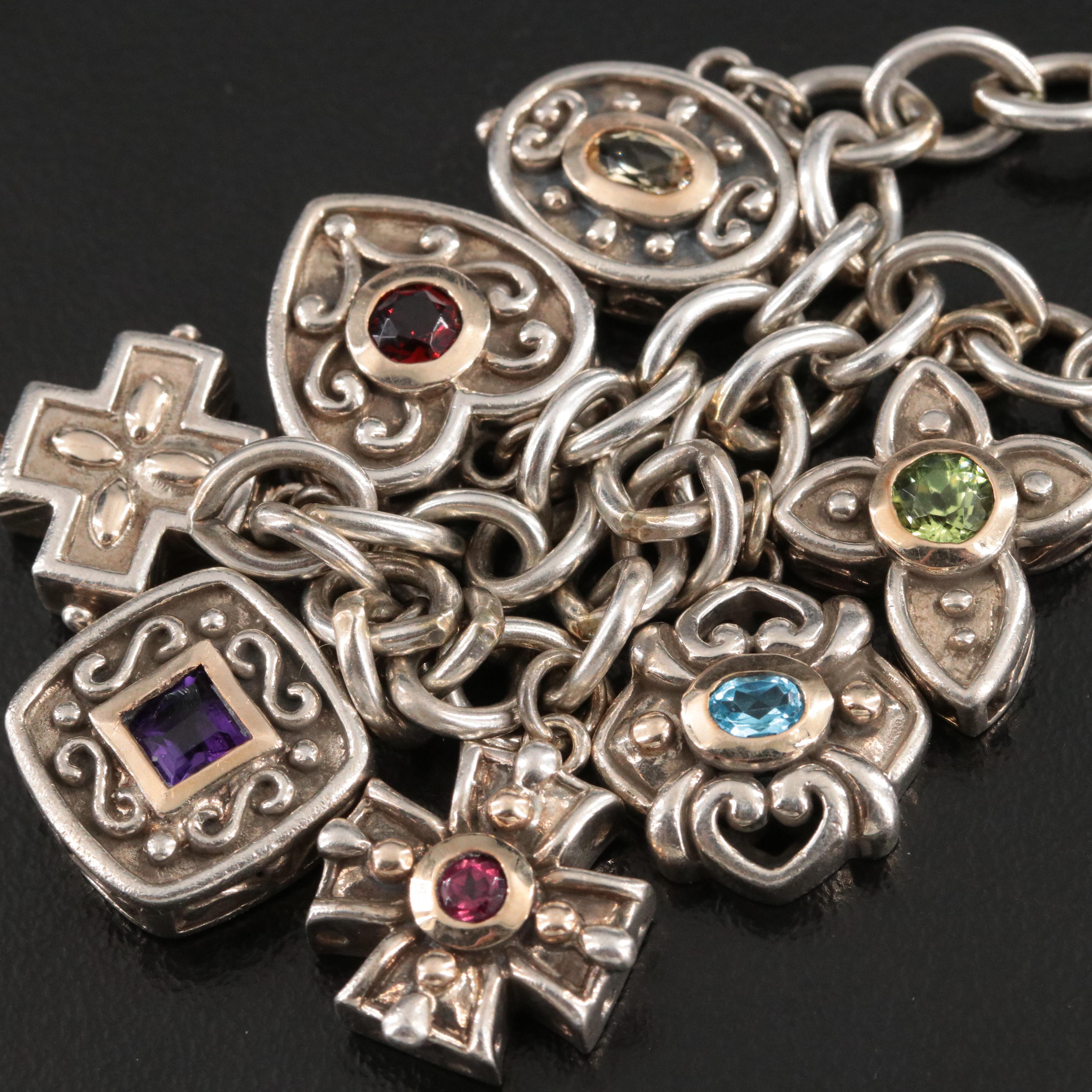 Sterling Charm Bracelet with 14K Accents Featuring Garnet, Citrine and Amethyst