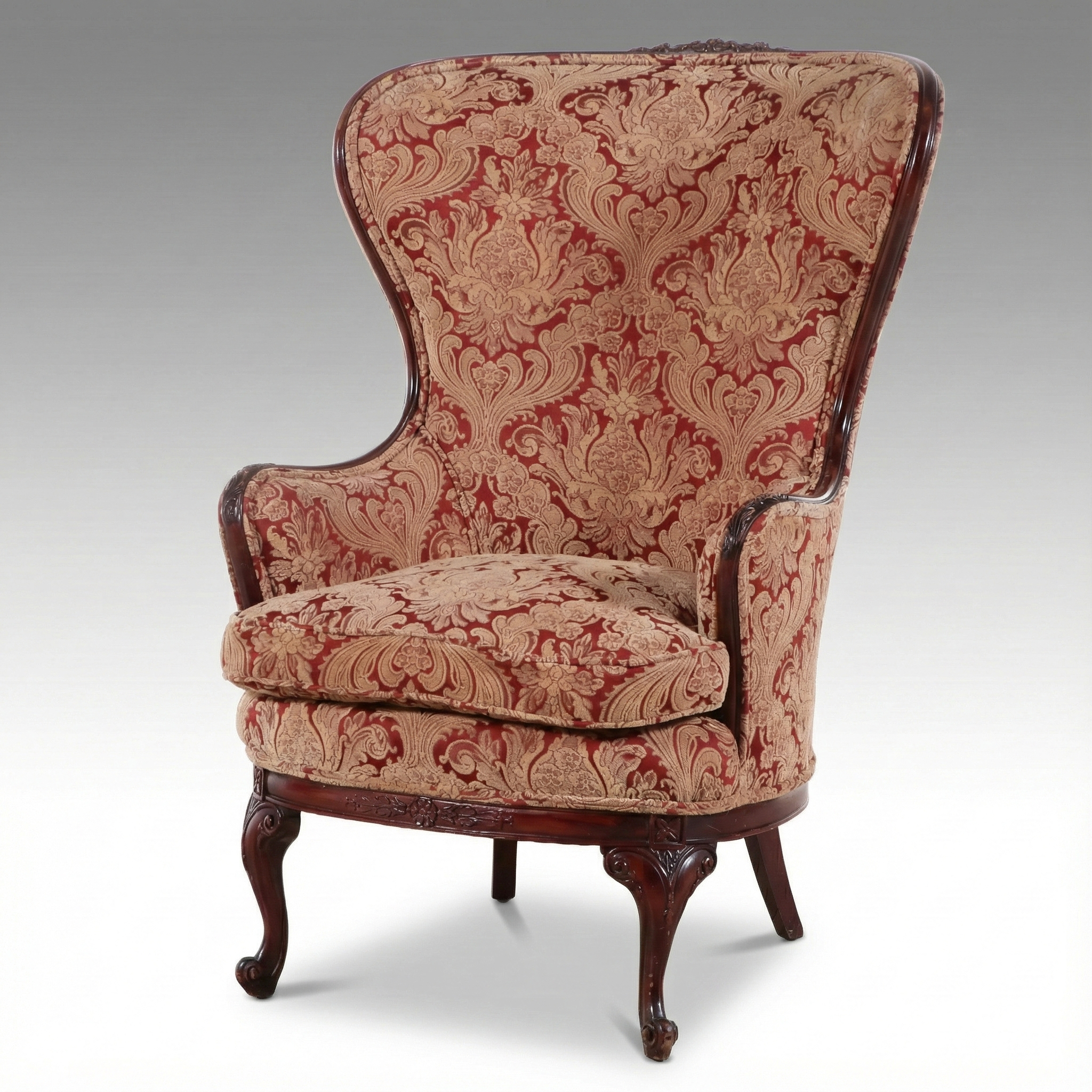 Edwardian Style Damask Upholstered Carved Mahogany Butterfly Wingback Chair