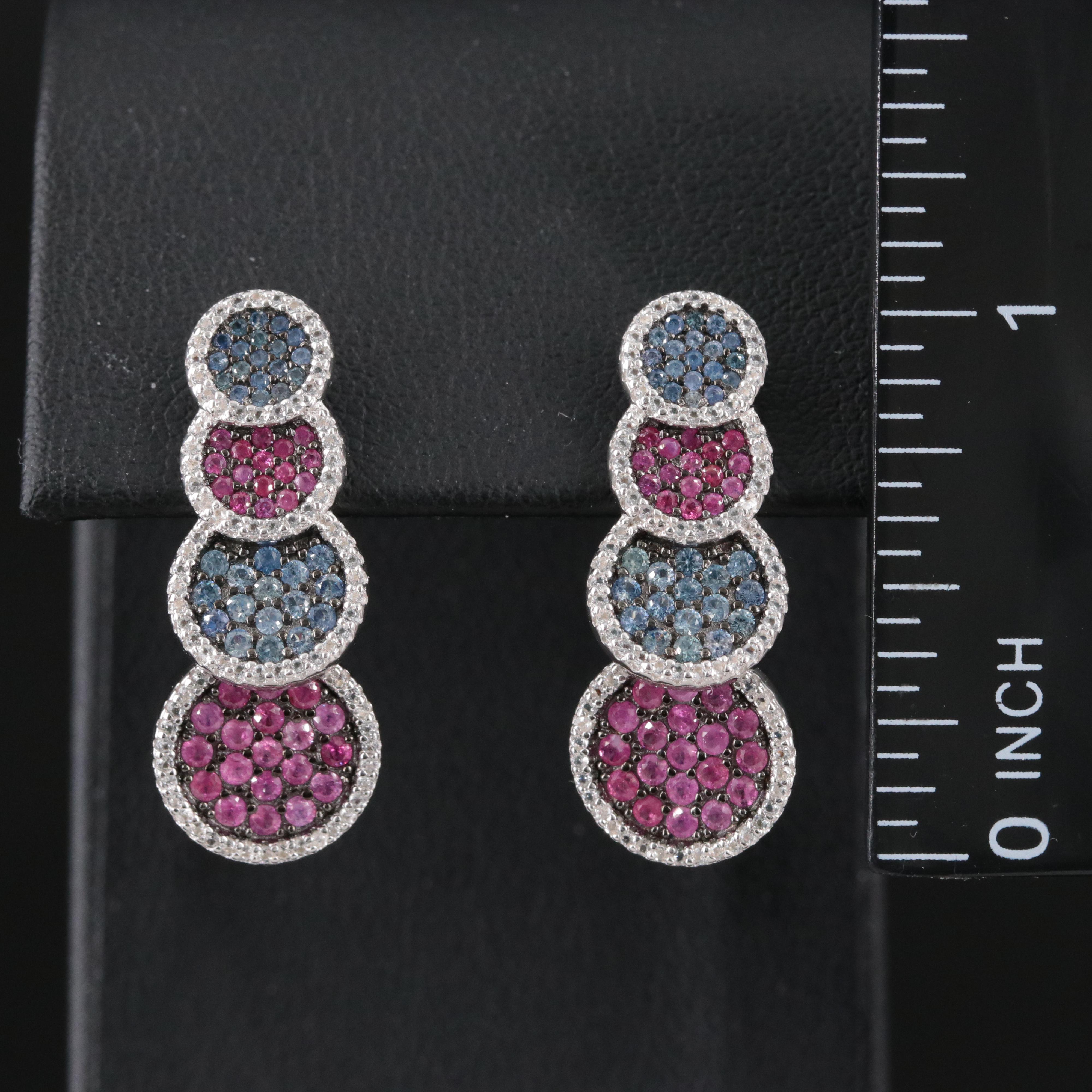 Sterling Sapphire and Ruby Graduated Disc Earrings