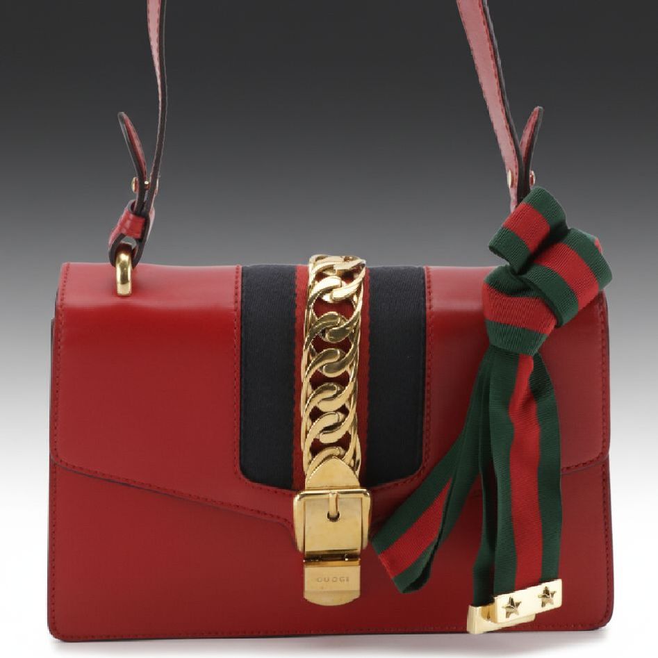 Gucci Medium Sylvie Shoulder Bag in Web Striped Red Calfskin Leather