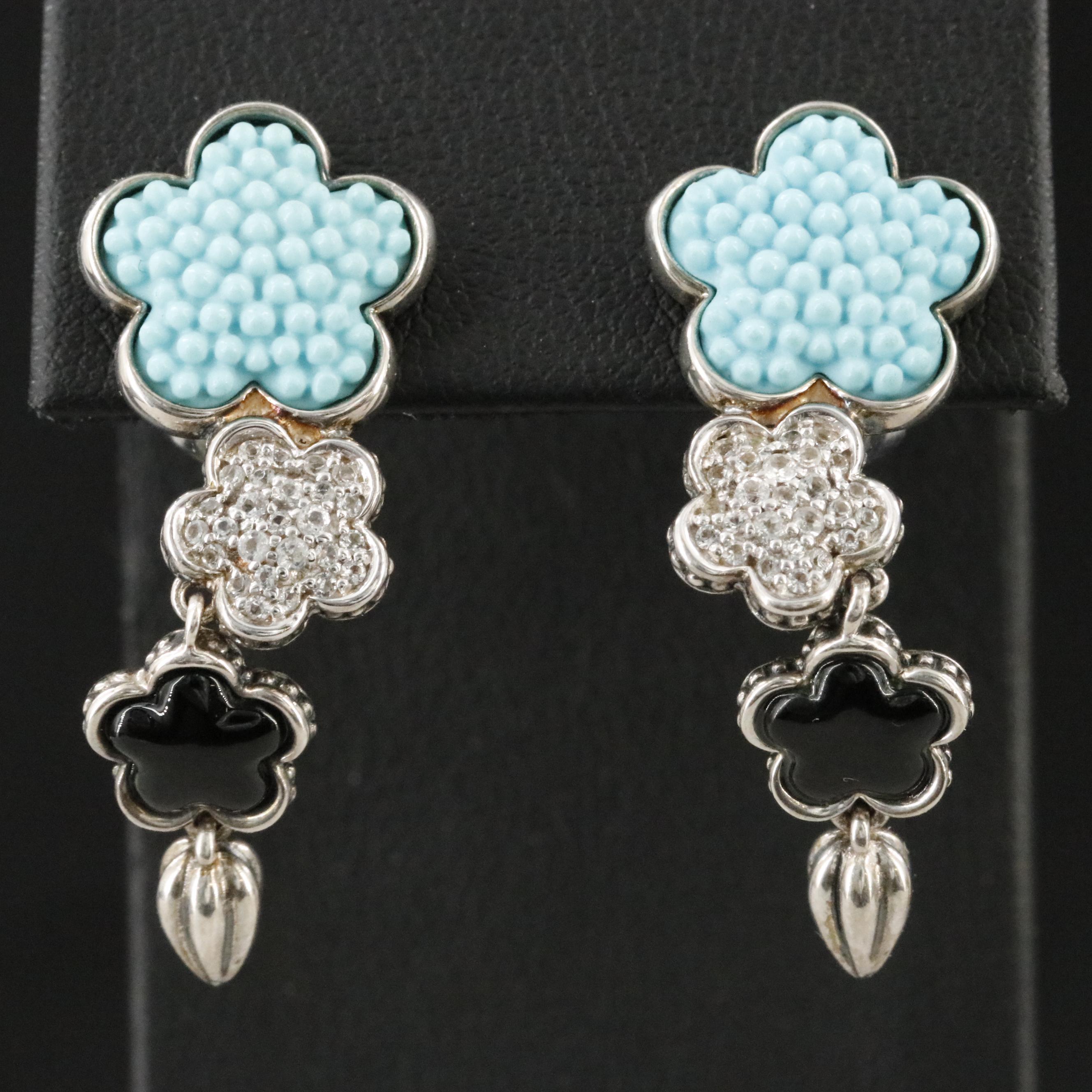 Lagos Sterling White Sapphire, Black Onyx and Faux Turquoise Drop Earrings