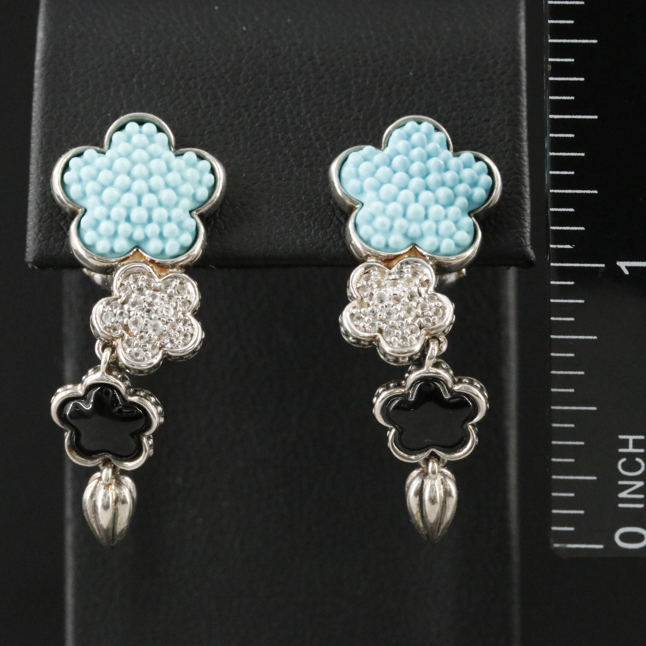 Lagos Sterling White Sapphire, Black Onyx and Faux Turquoise Drop Earrings