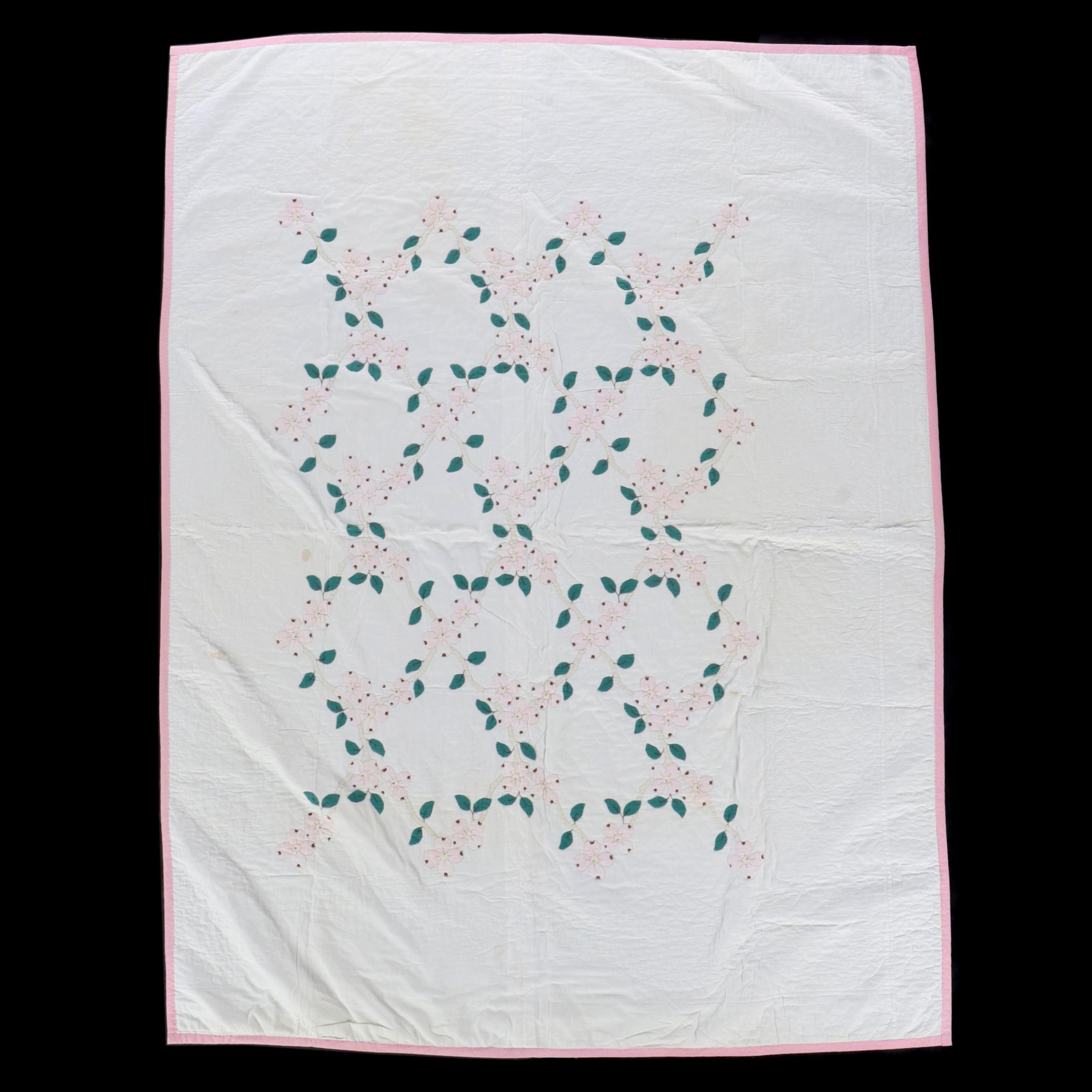 Handmade Cherry Blossom Cotton Applique Twin-Sized Quilt