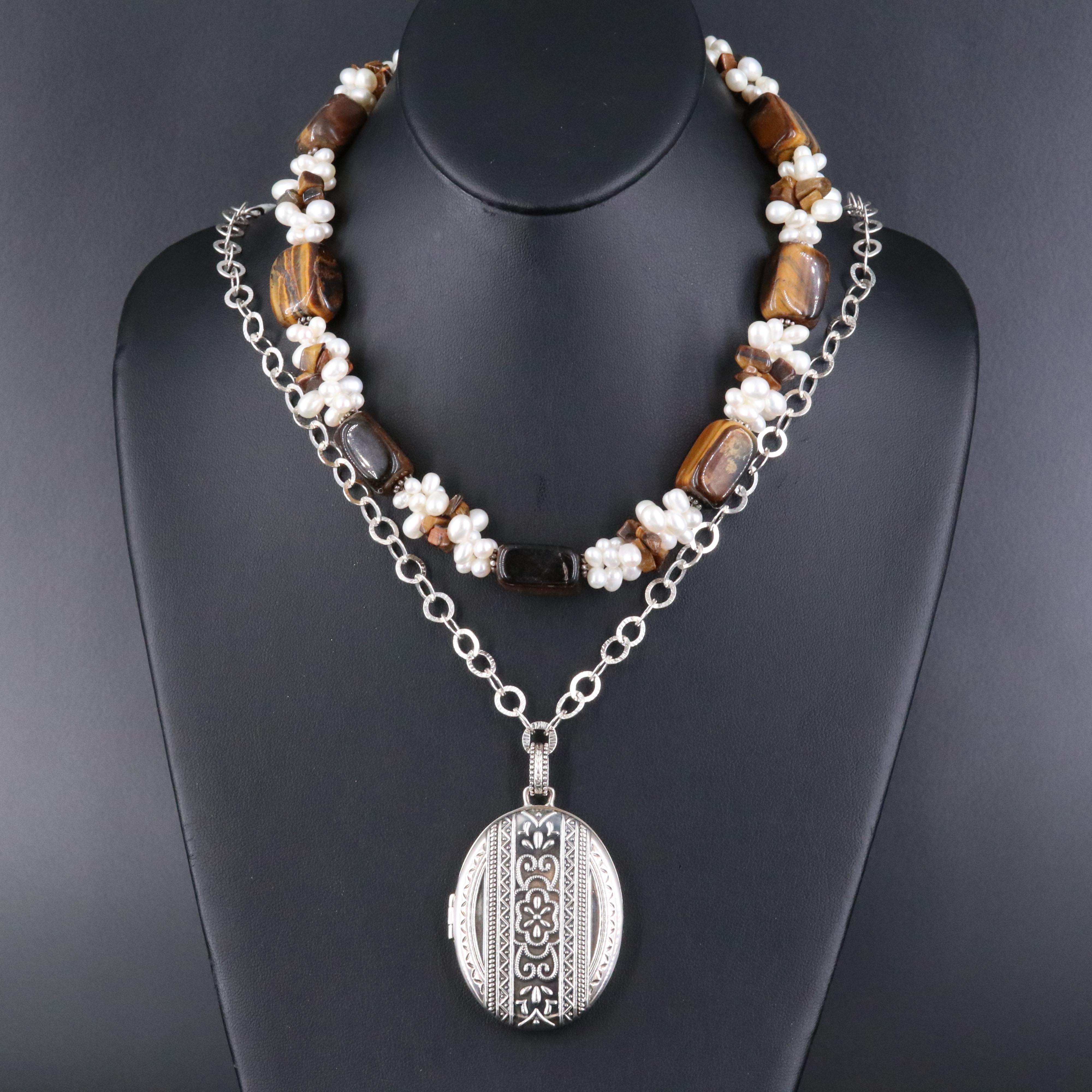 Sterling Locket and Tiger's Eye and Pearl Necklaces