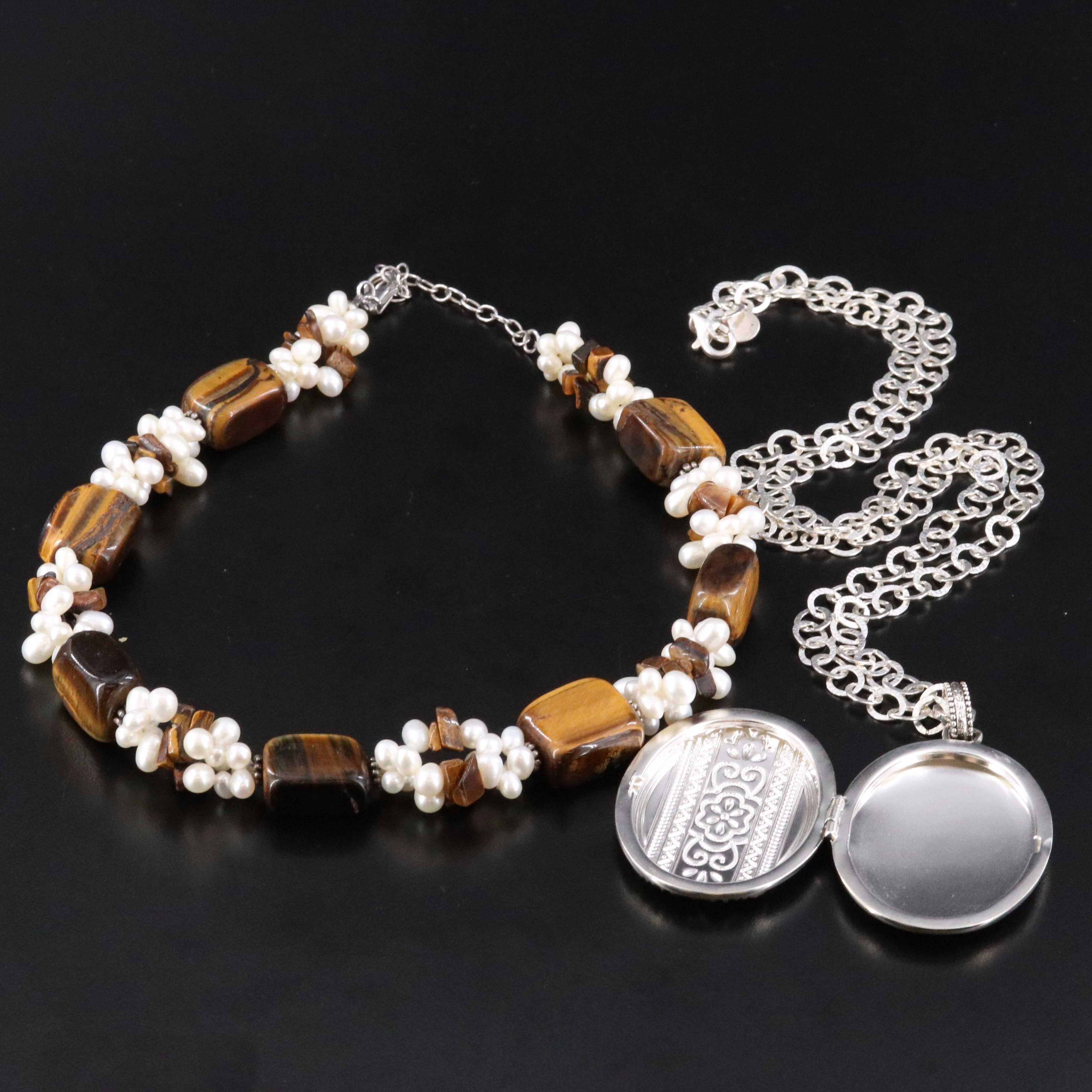 Sterling Locket and Tiger's Eye and Pearl Necklaces