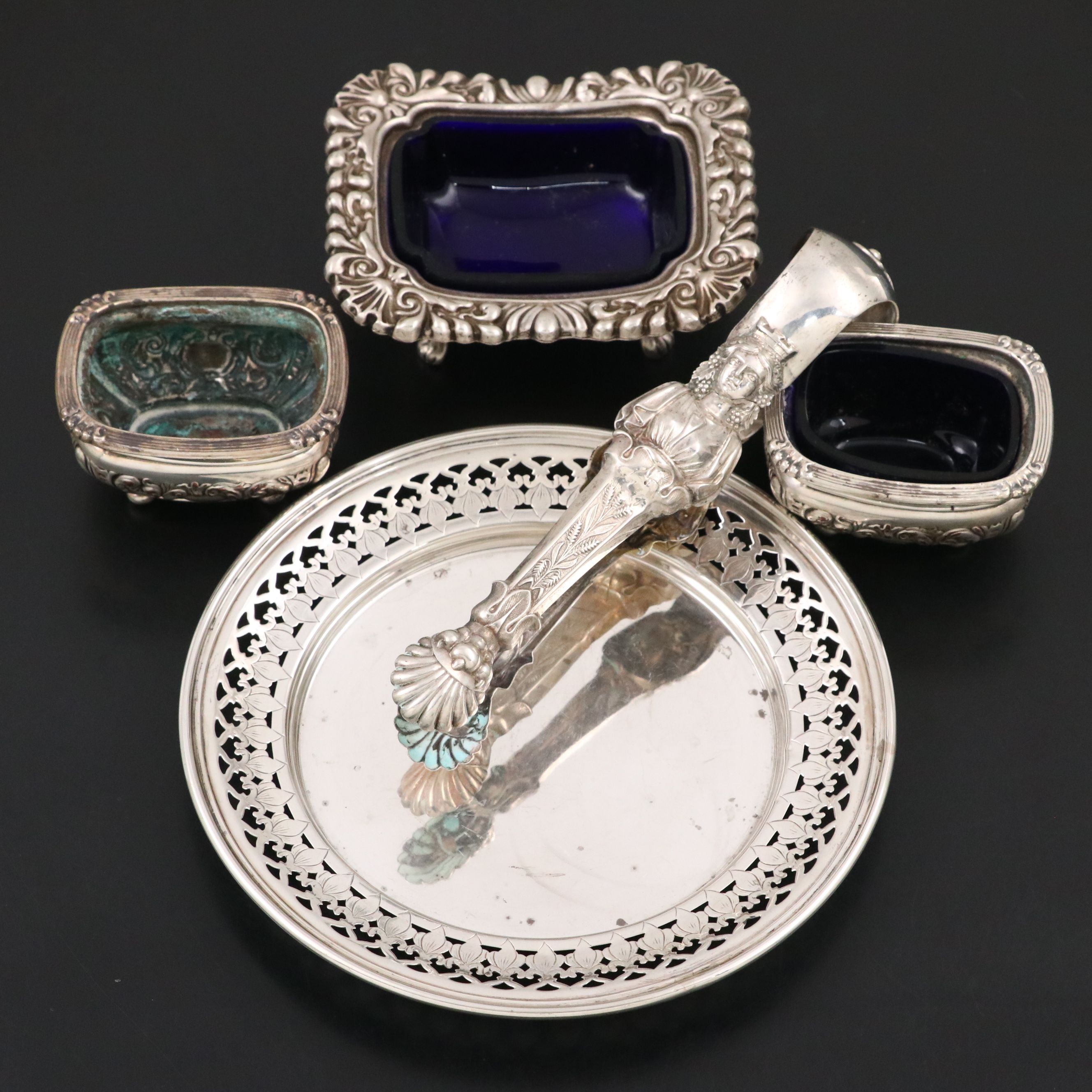 Sterling Silver Reticulated Mini Plate with Silver Plate Tongs and Salt Cellars