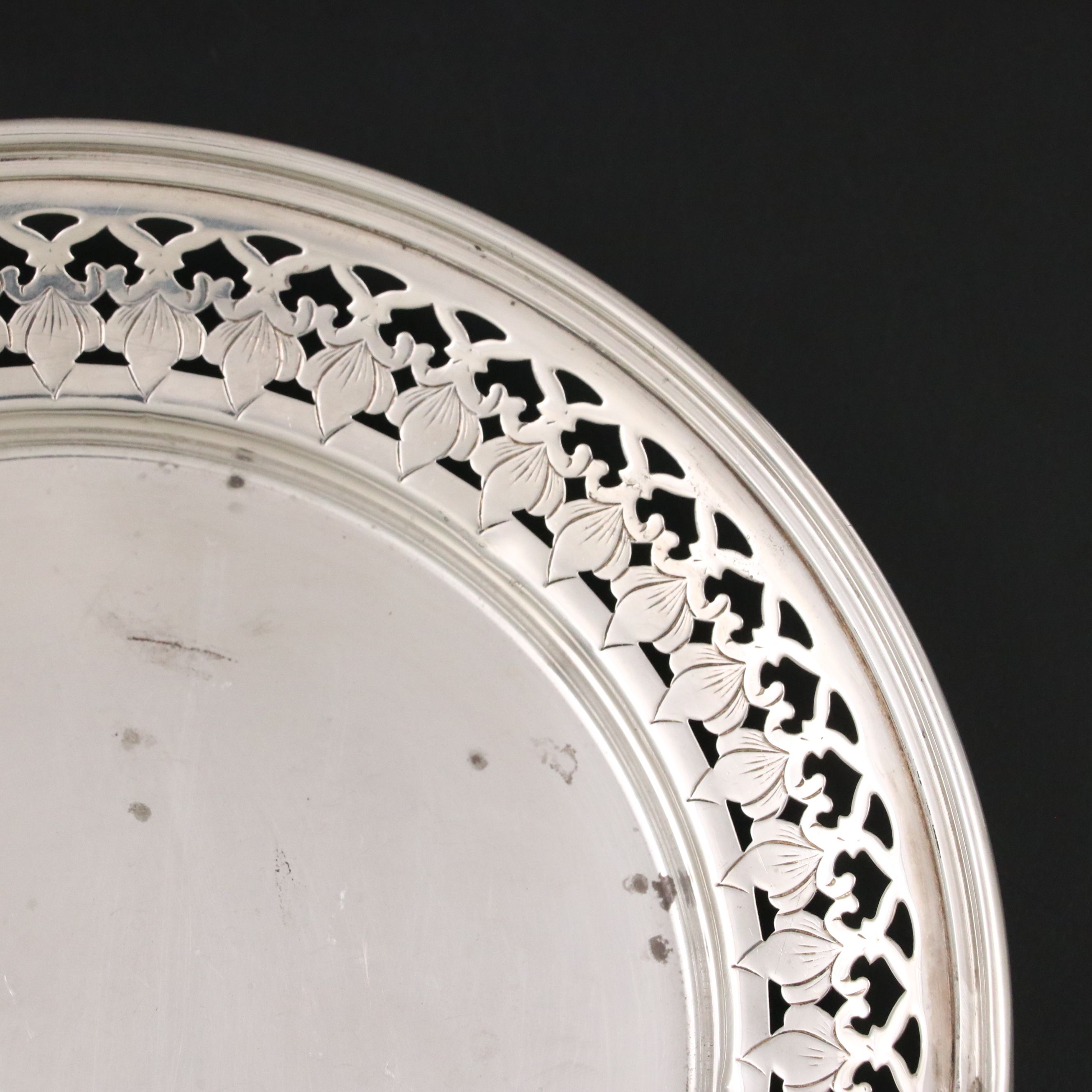 Sterling Silver Reticulated Mini Plate with Silver Plate Tongs and Salt Cellars