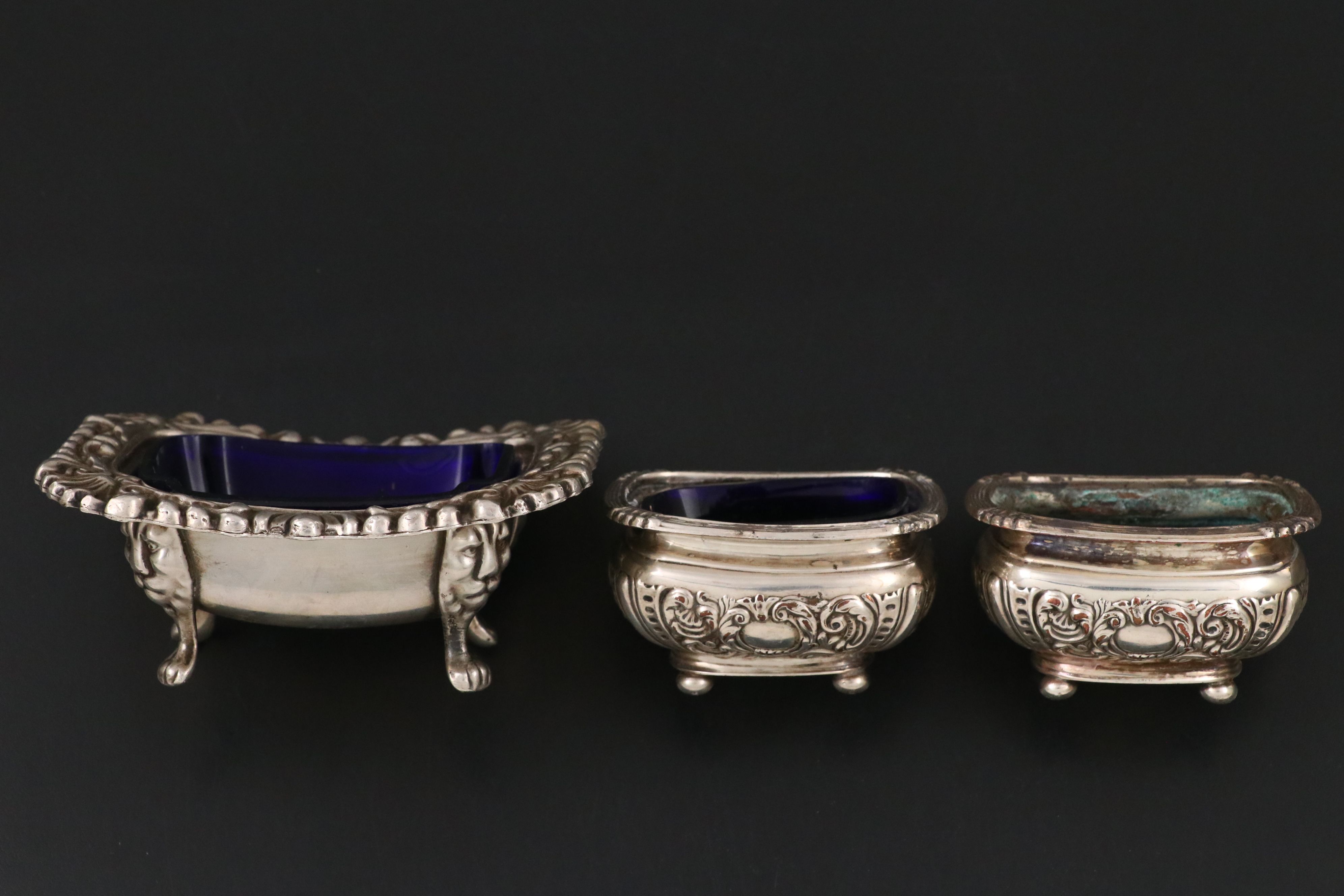 Sterling Silver Reticulated Mini Plate with Silver Plate Tongs and Salt Cellars