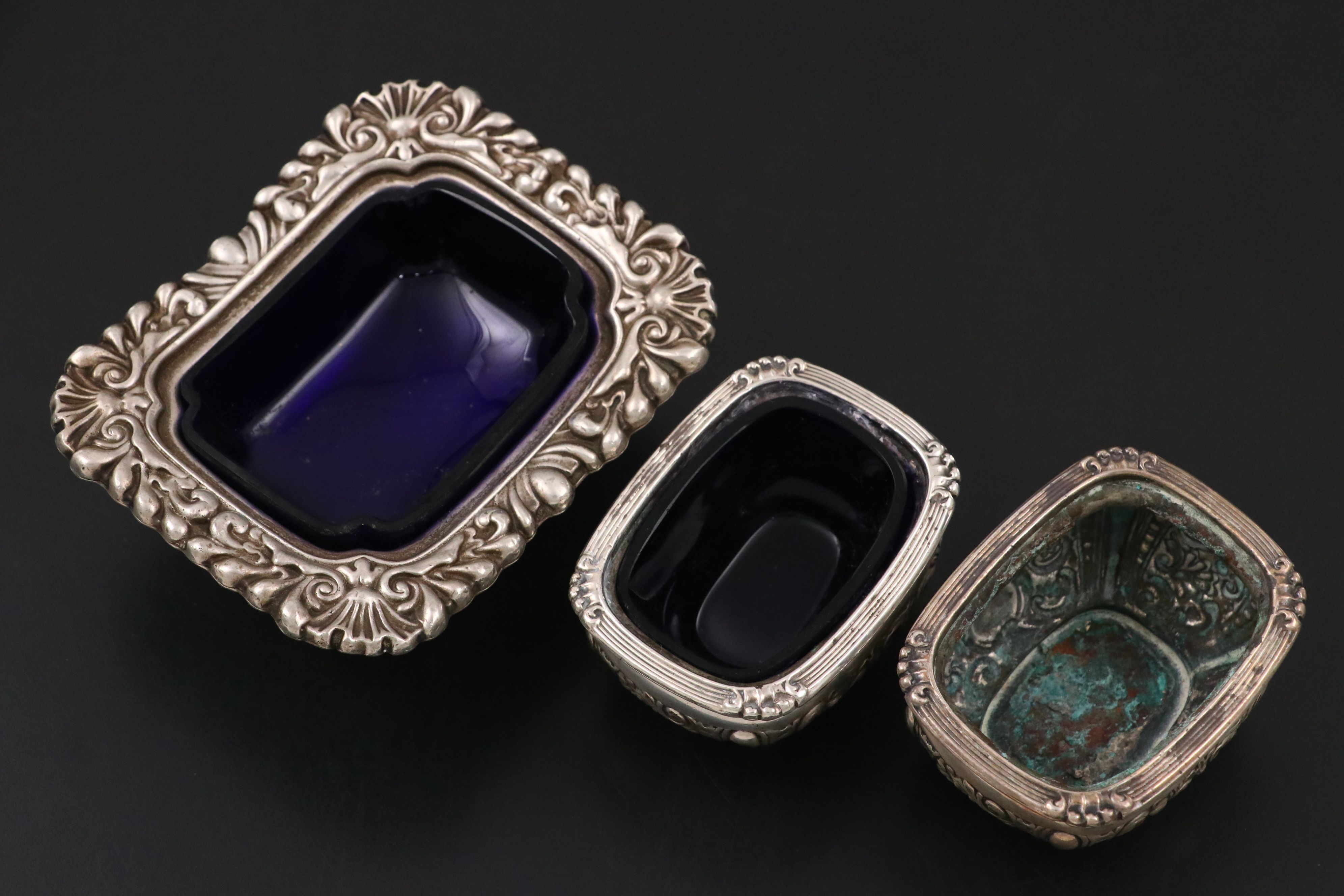 Sterling Silver Reticulated Mini Plate with Silver Plate Tongs and Salt Cellars