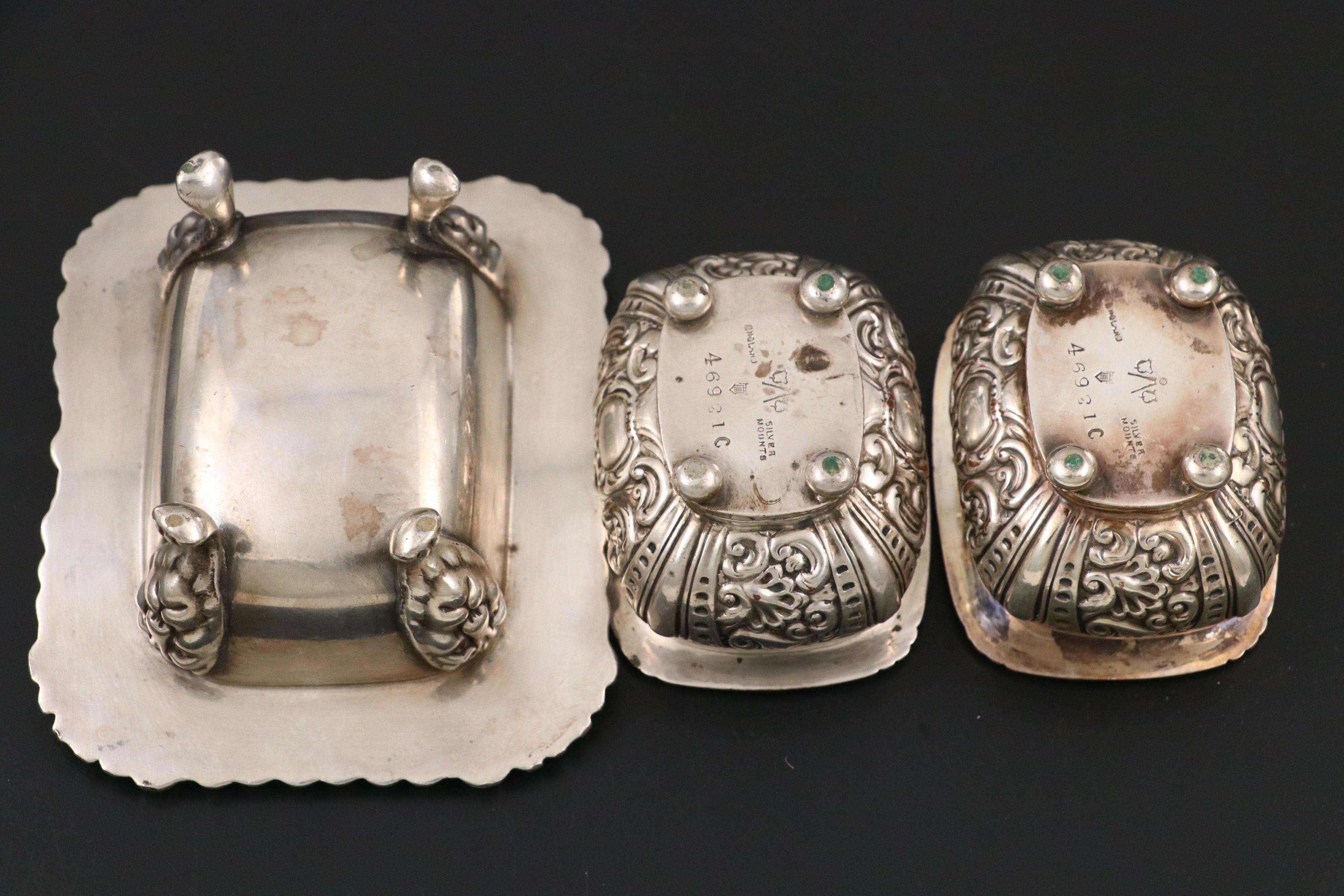 Sterling Silver Reticulated Mini Plate with Silver Plate Tongs and Salt Cellars