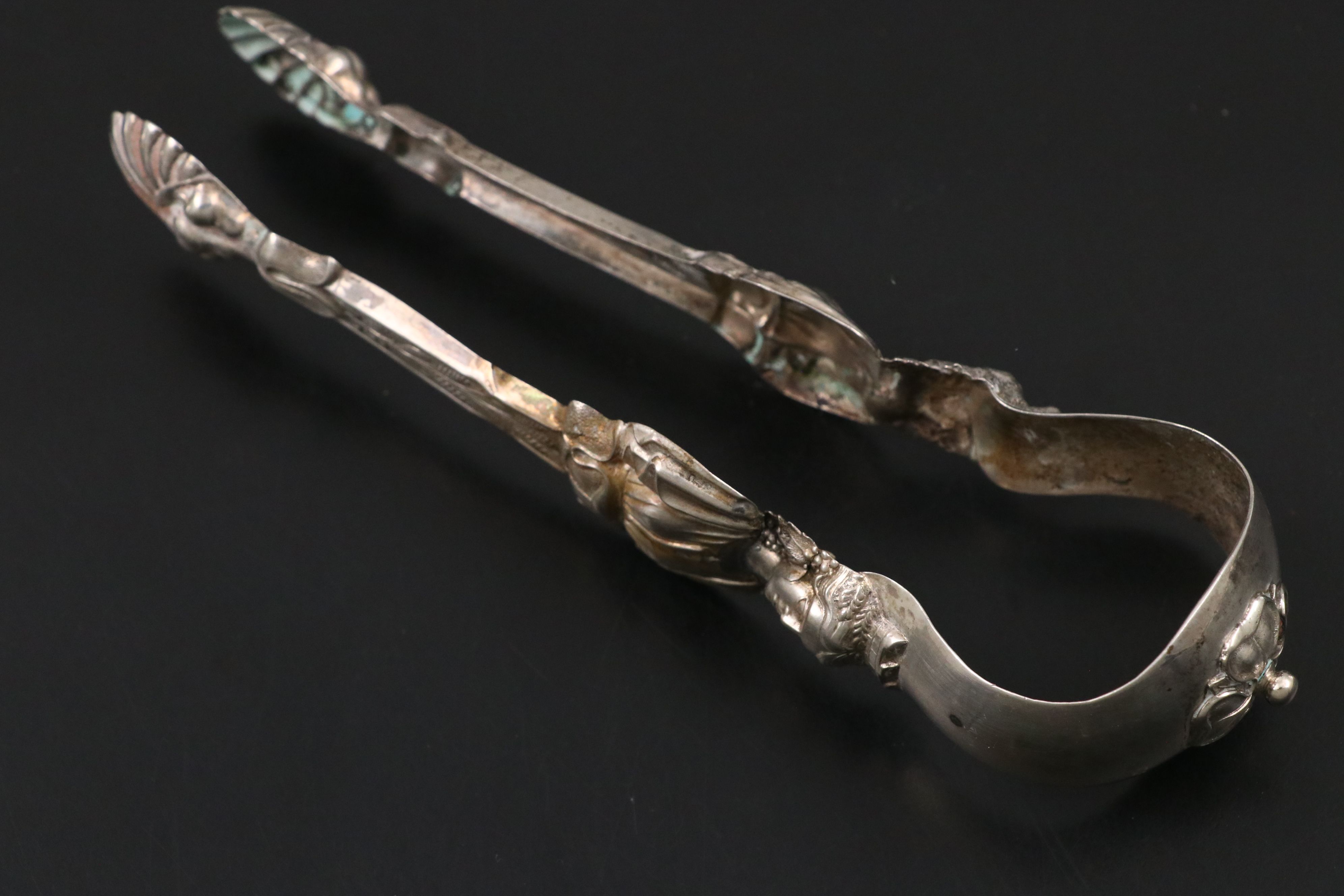 Sterling Silver Reticulated Mini Plate with Silver Plate Tongs and Salt Cellars