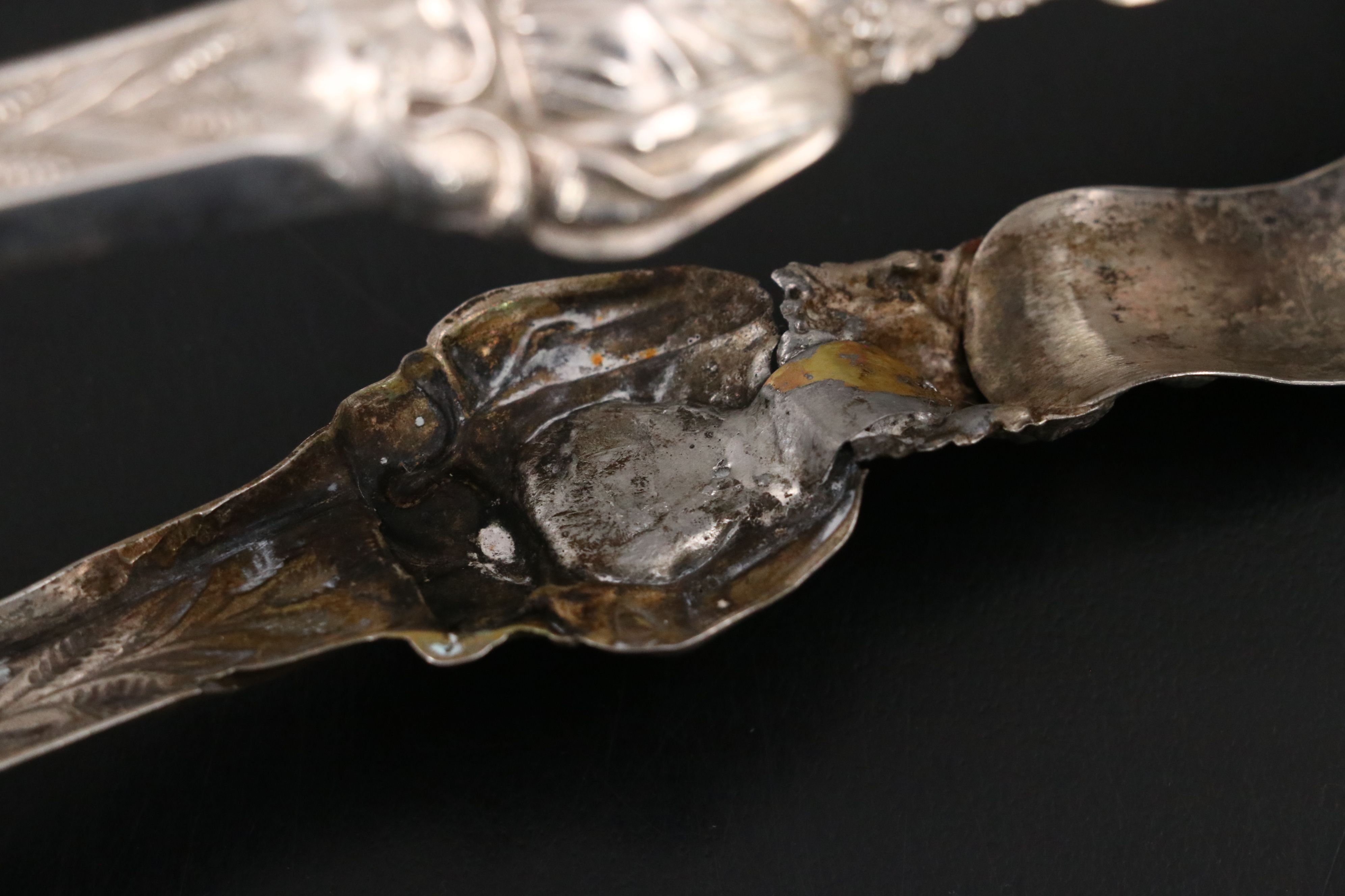 Sterling Silver Reticulated Mini Plate with Silver Plate Tongs and Salt Cellars