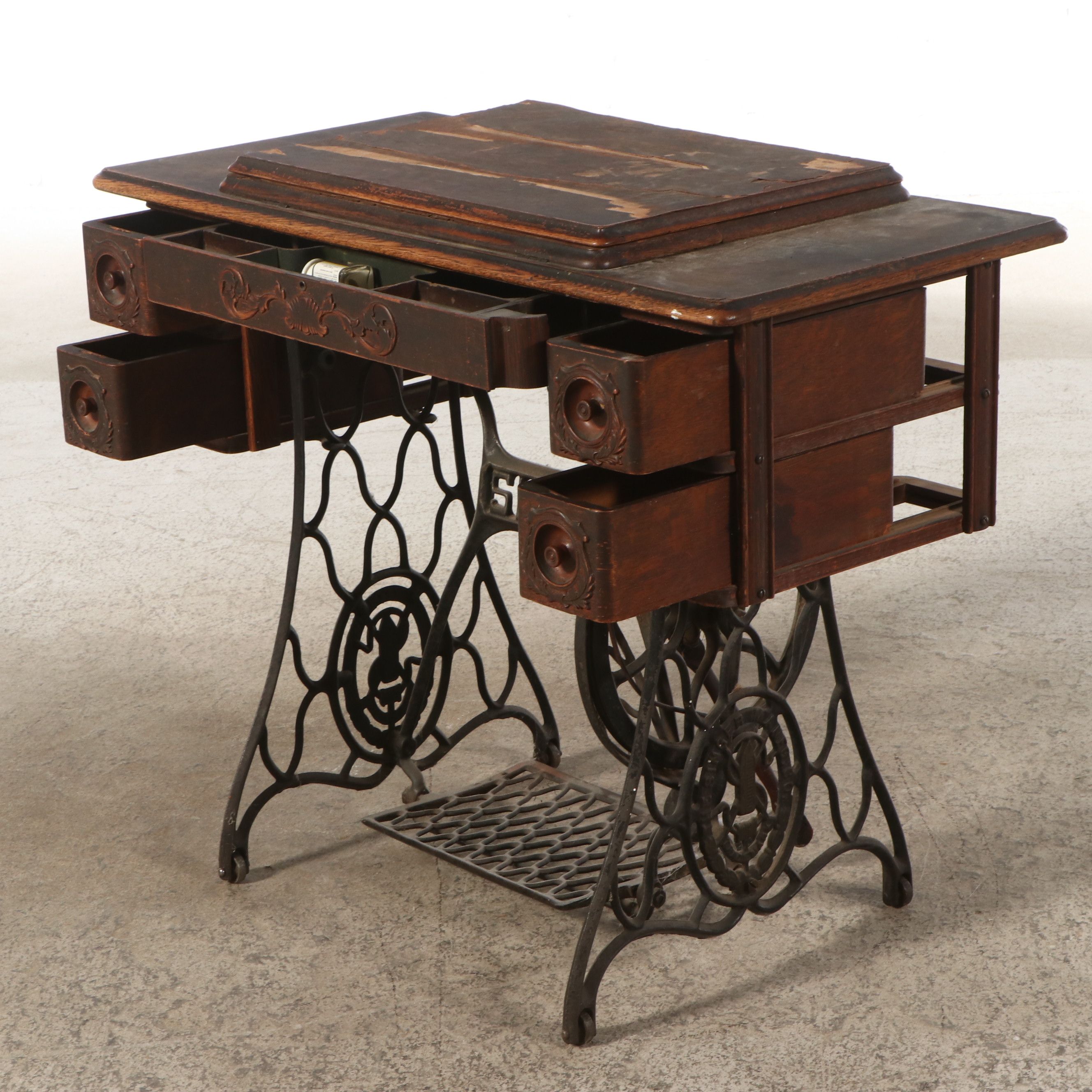 Singer Model 27 Sewing Machine with Oak Five-Drawer Treadle Table, c. 1909