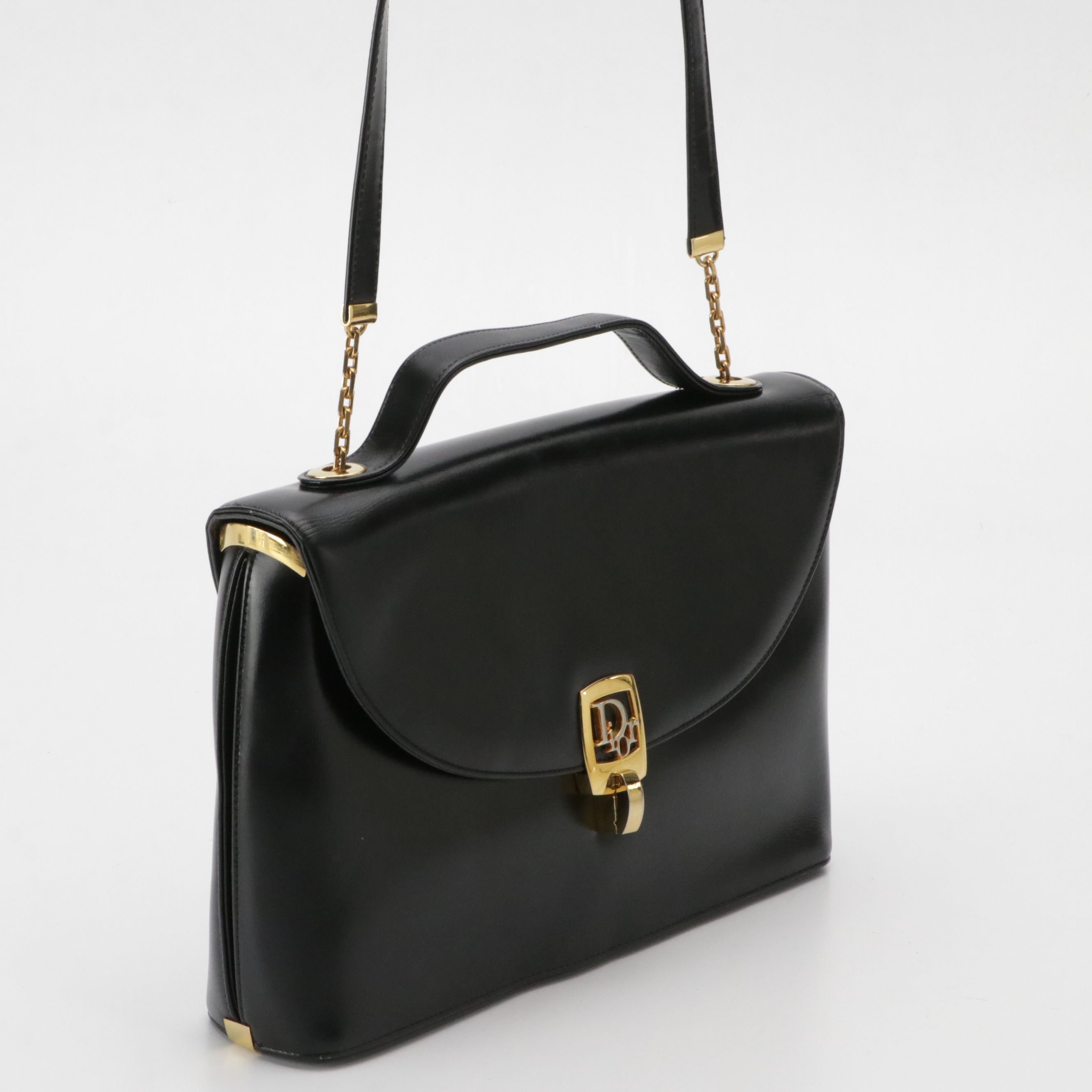 Christian Dior Top Handle Front Flap Two-Way Bag in Black Calfskin Leather