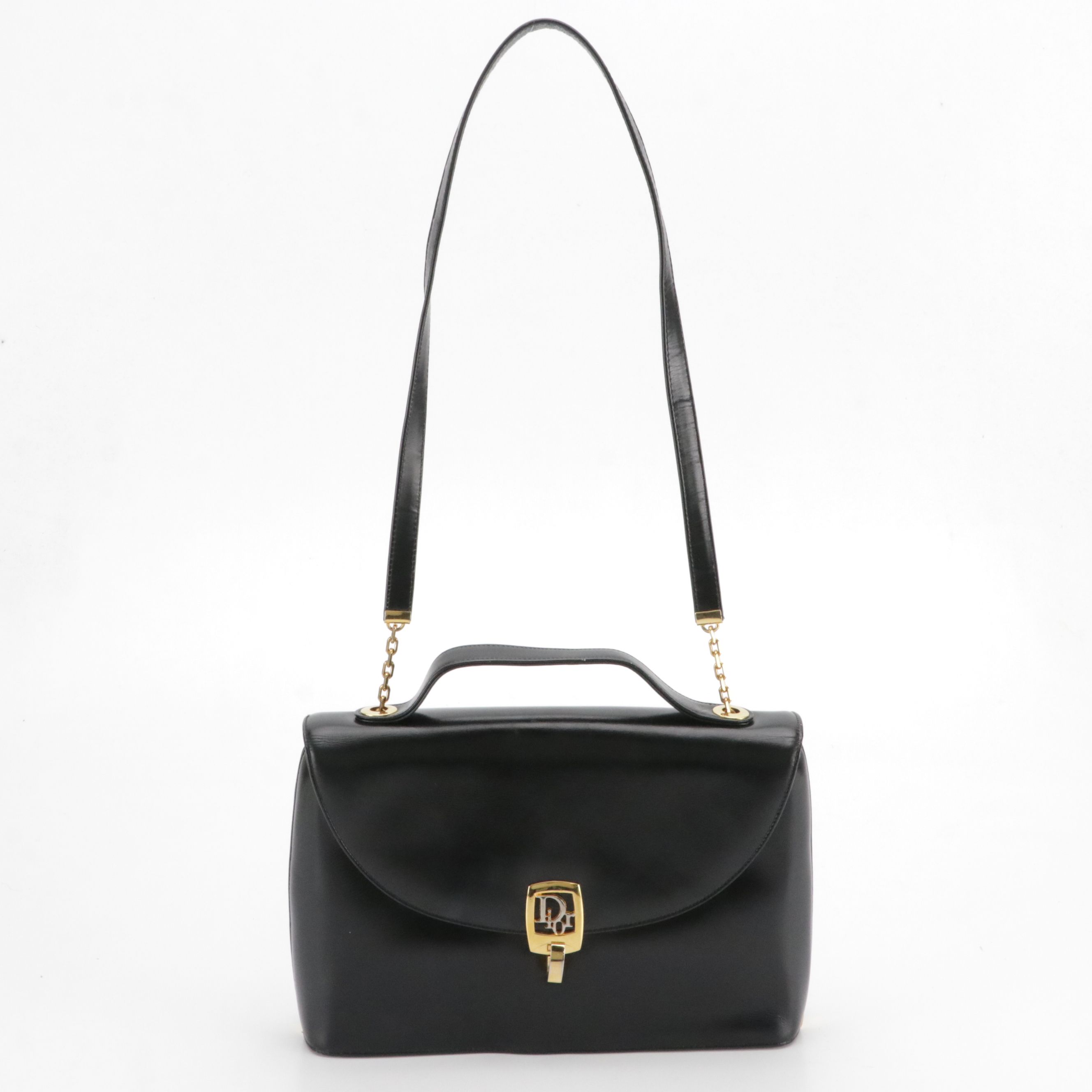 Christian Dior Top Handle Front Flap Two-Way Bag in Black Calfskin Leather