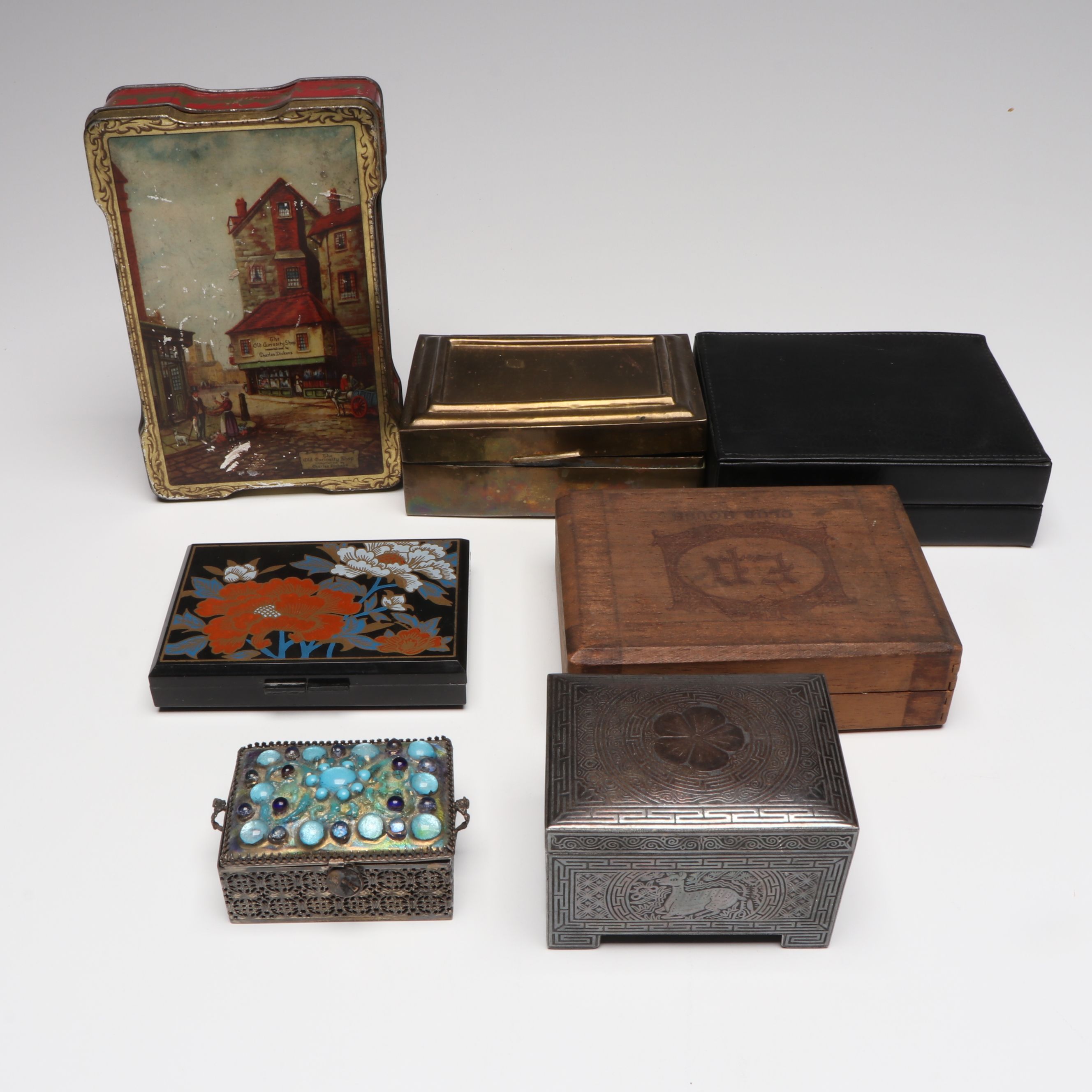 Korean Silver Inlay Iron Tobacco Box with Wood, Leather, More Decorative Boxes