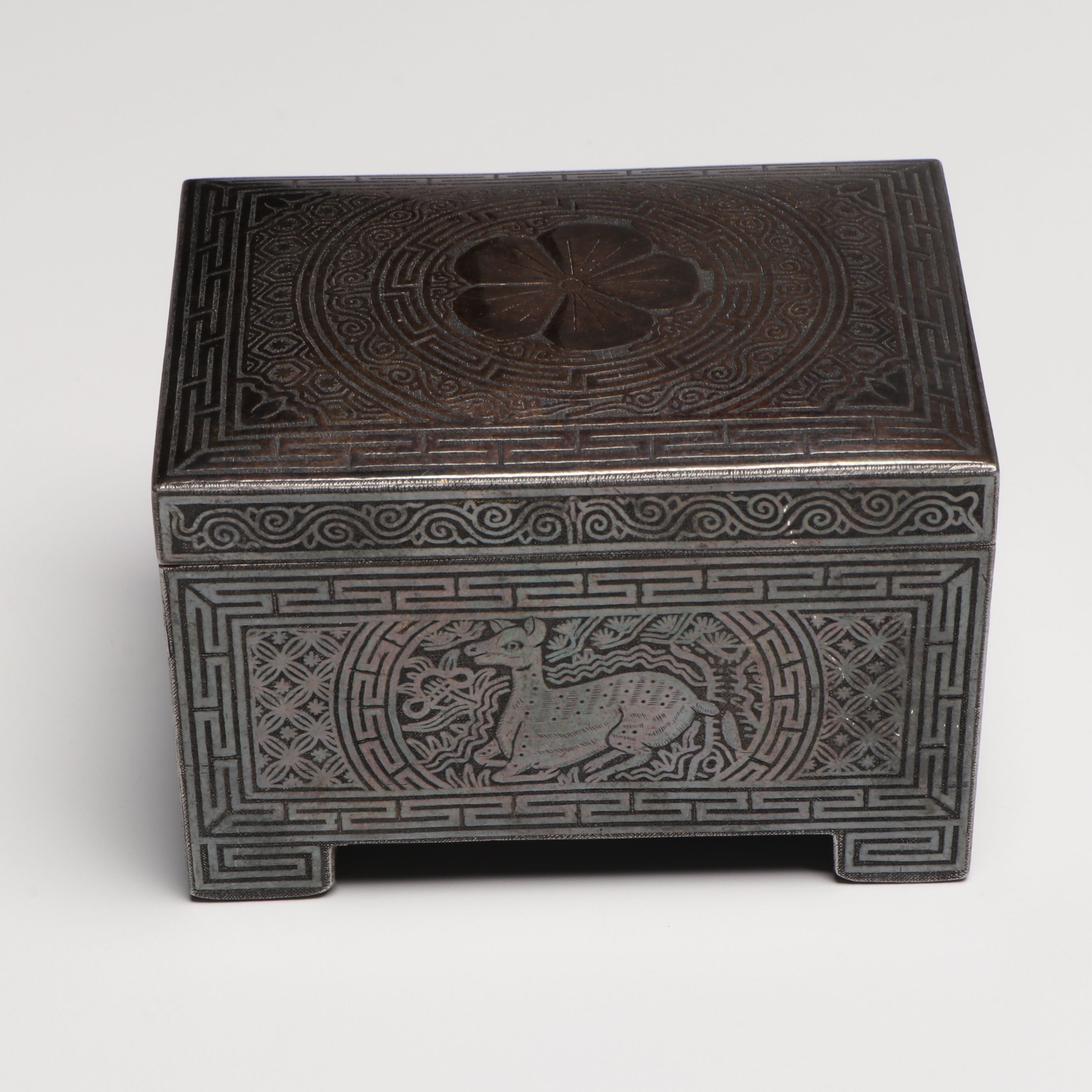 Korean Silver Inlay Iron Tobacco Box with Wood, Leather, More Decorative Boxes