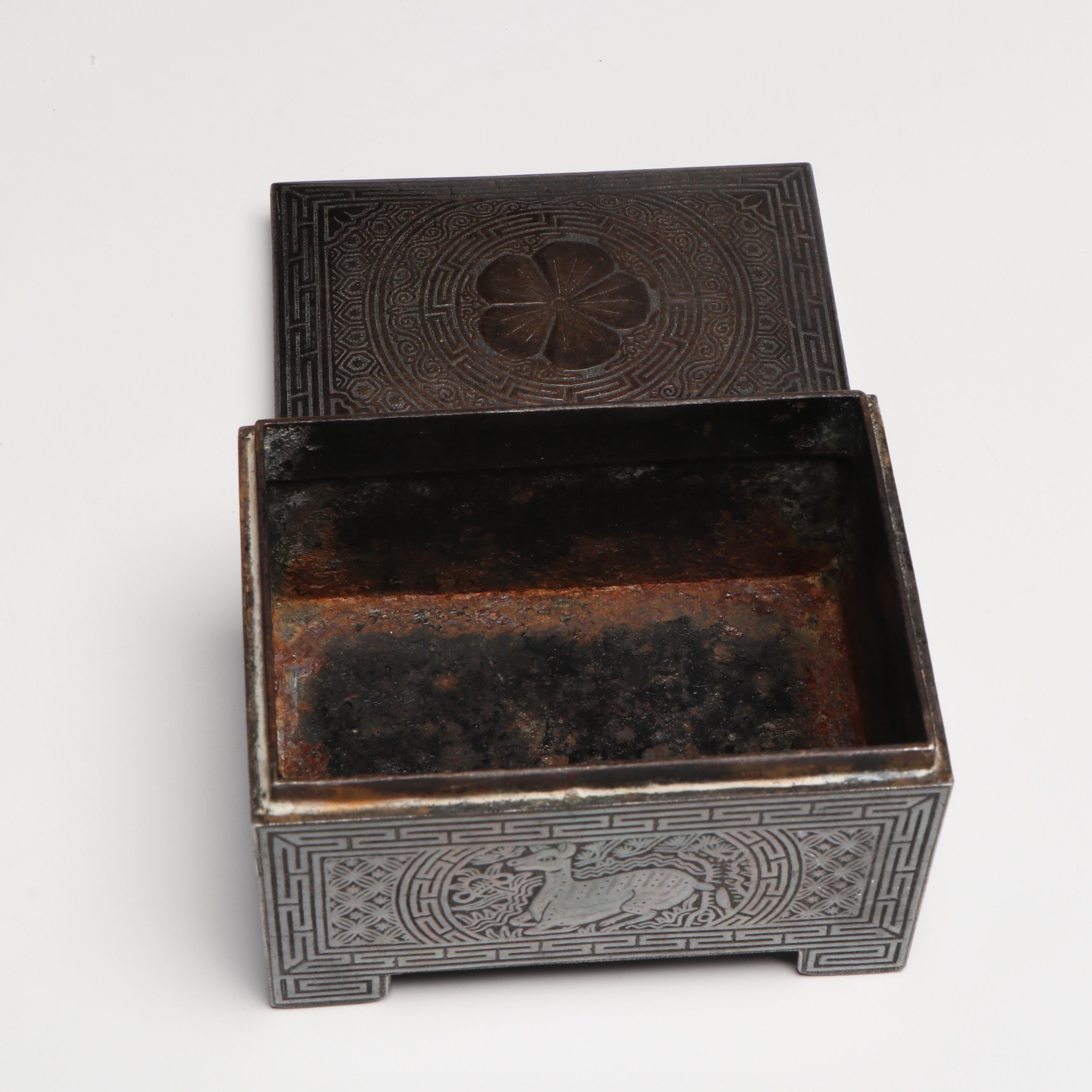 Korean Silver Inlay Iron Tobacco Box with Wood, Leather, More Decorative Boxes