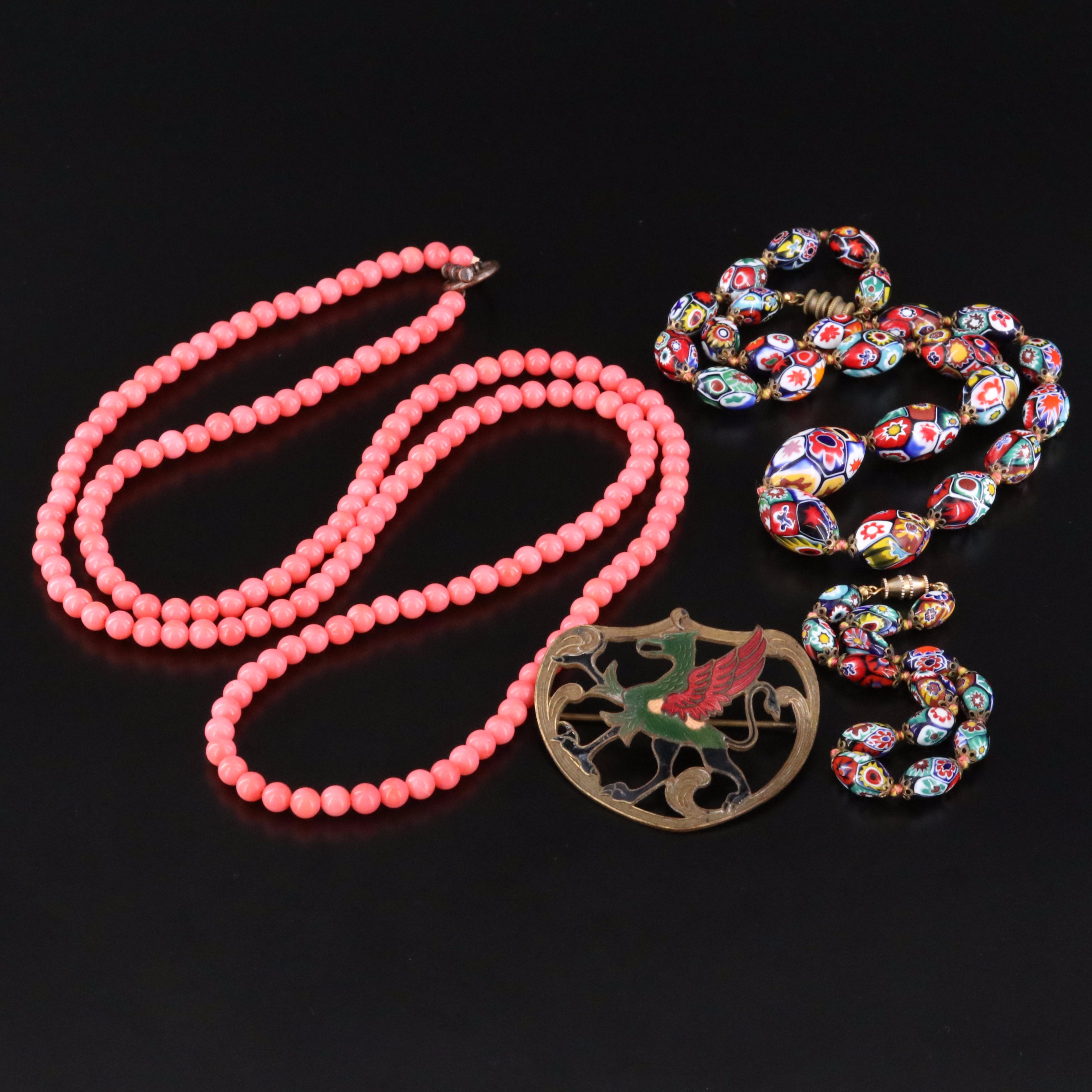 Art Nouveau Enamel Griffin Brooch, Coral Necklace & Millefiori Set