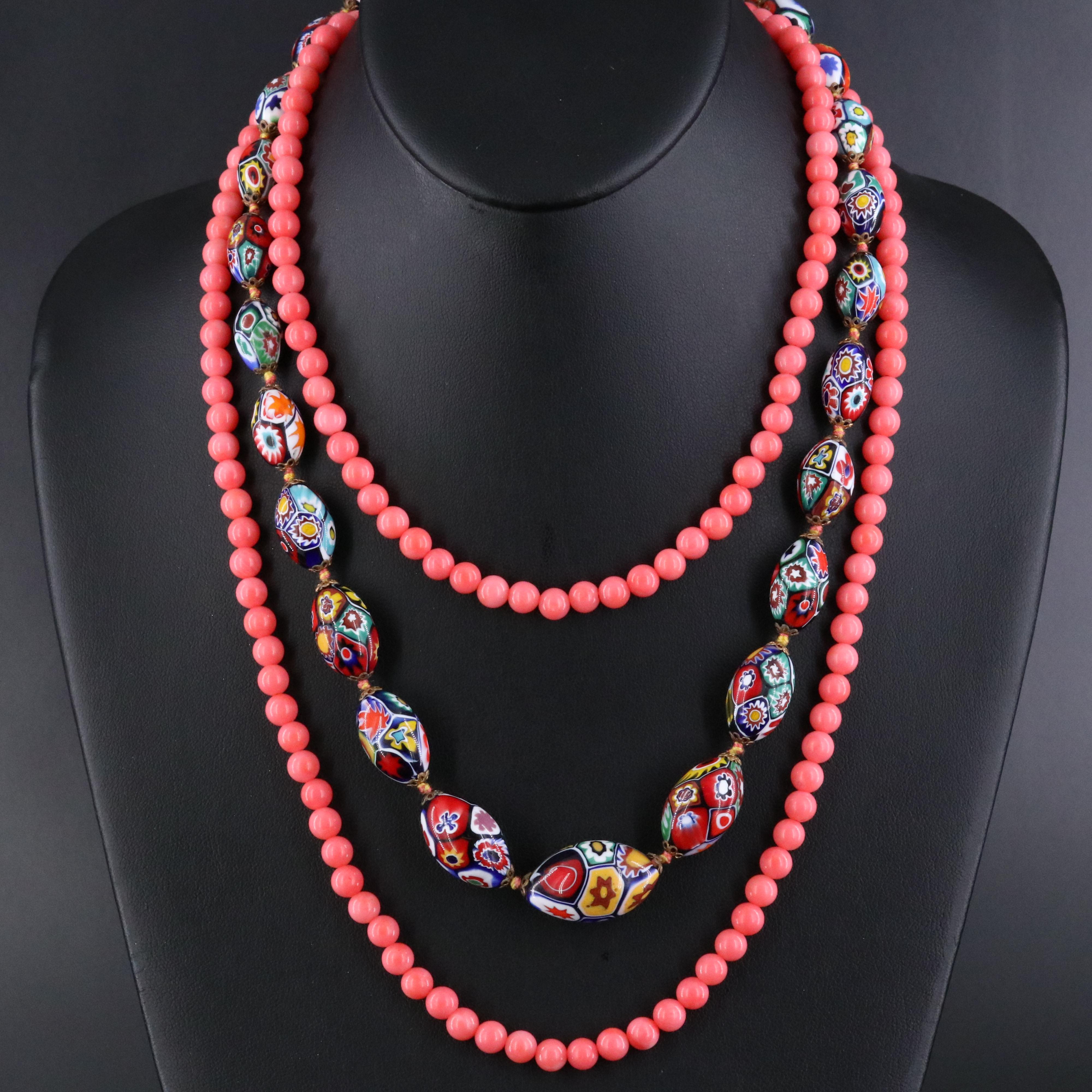 Art Nouveau Enamel Griffin Brooch, Coral Necklace & Millefiori Set