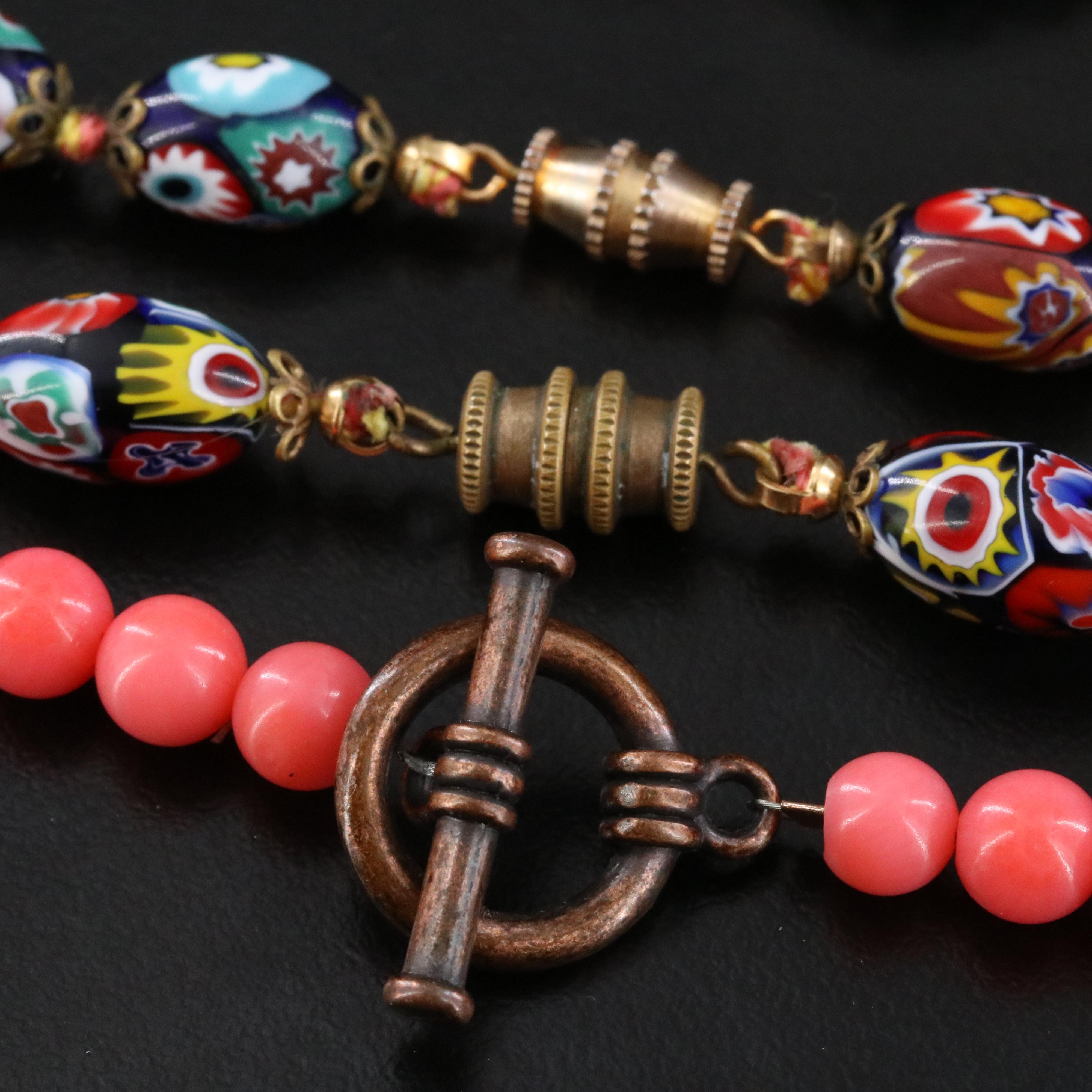 Art Nouveau Enamel Griffin Brooch, Coral Necklace & Millefiori Set