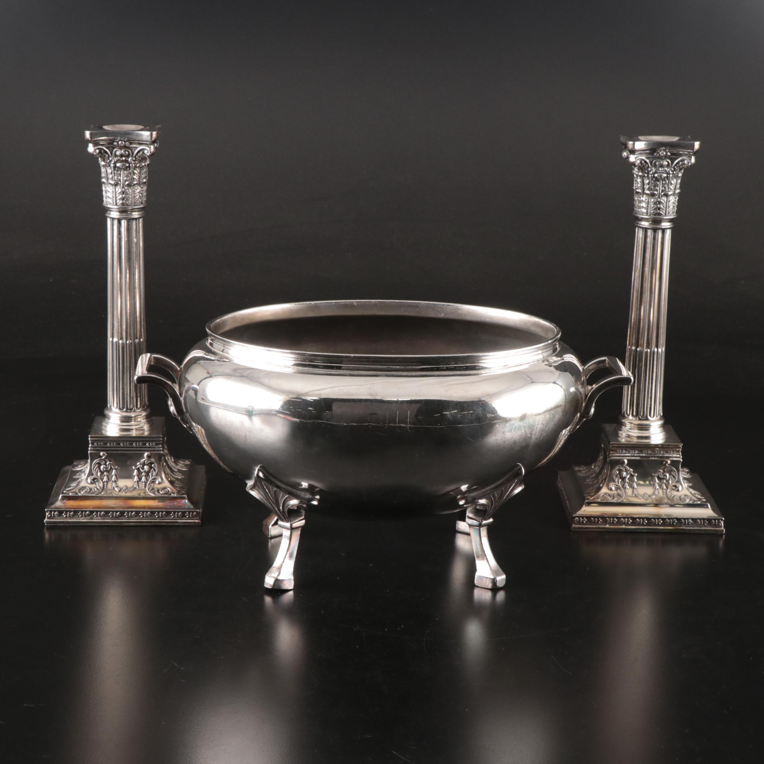Pair of Wilcox Neoclassical Style Silver Plate Candlesticks with Footed Dish