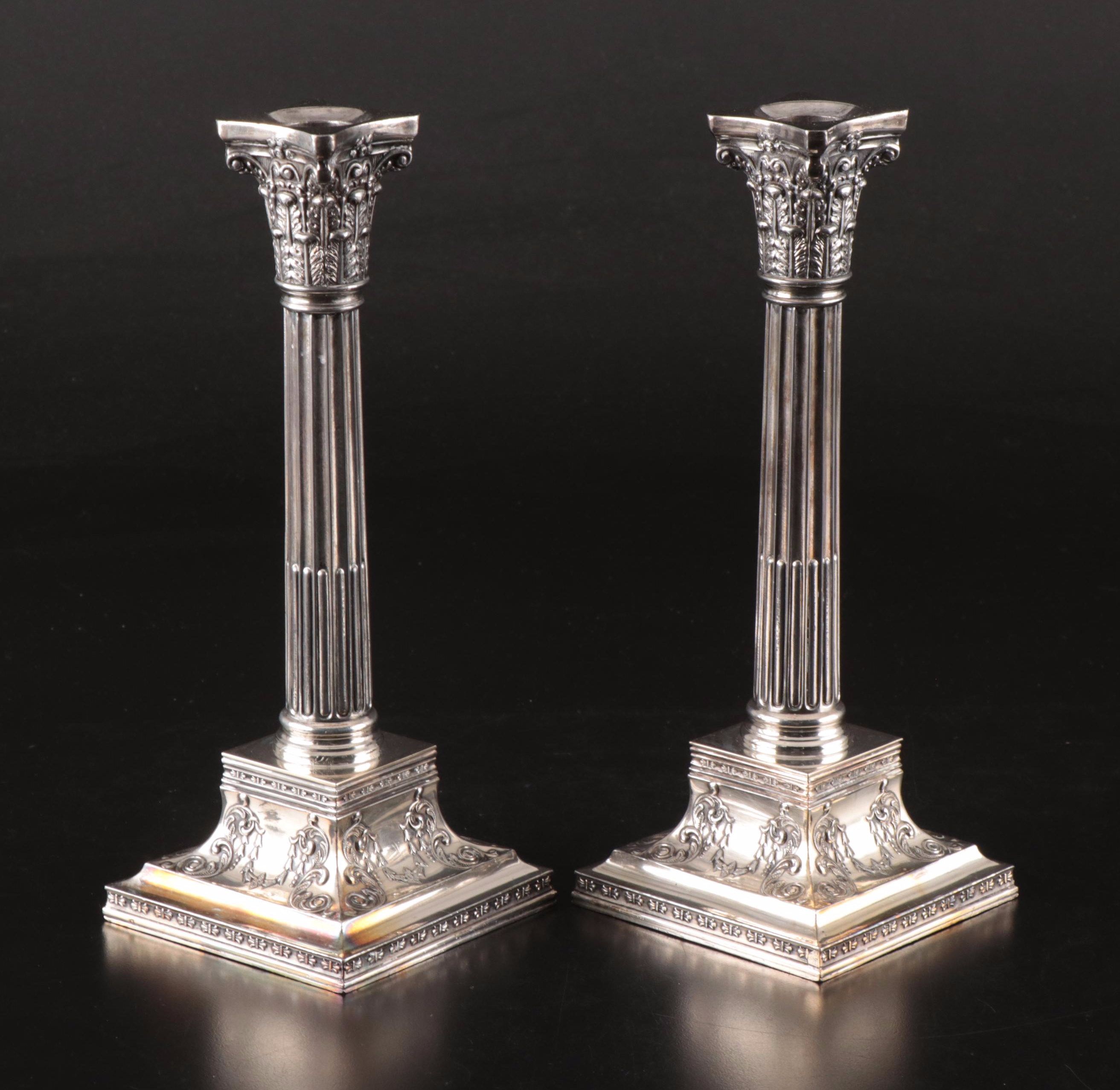 Pair of Wilcox Neoclassical Style Silver Plate Candlesticks with Footed Dish