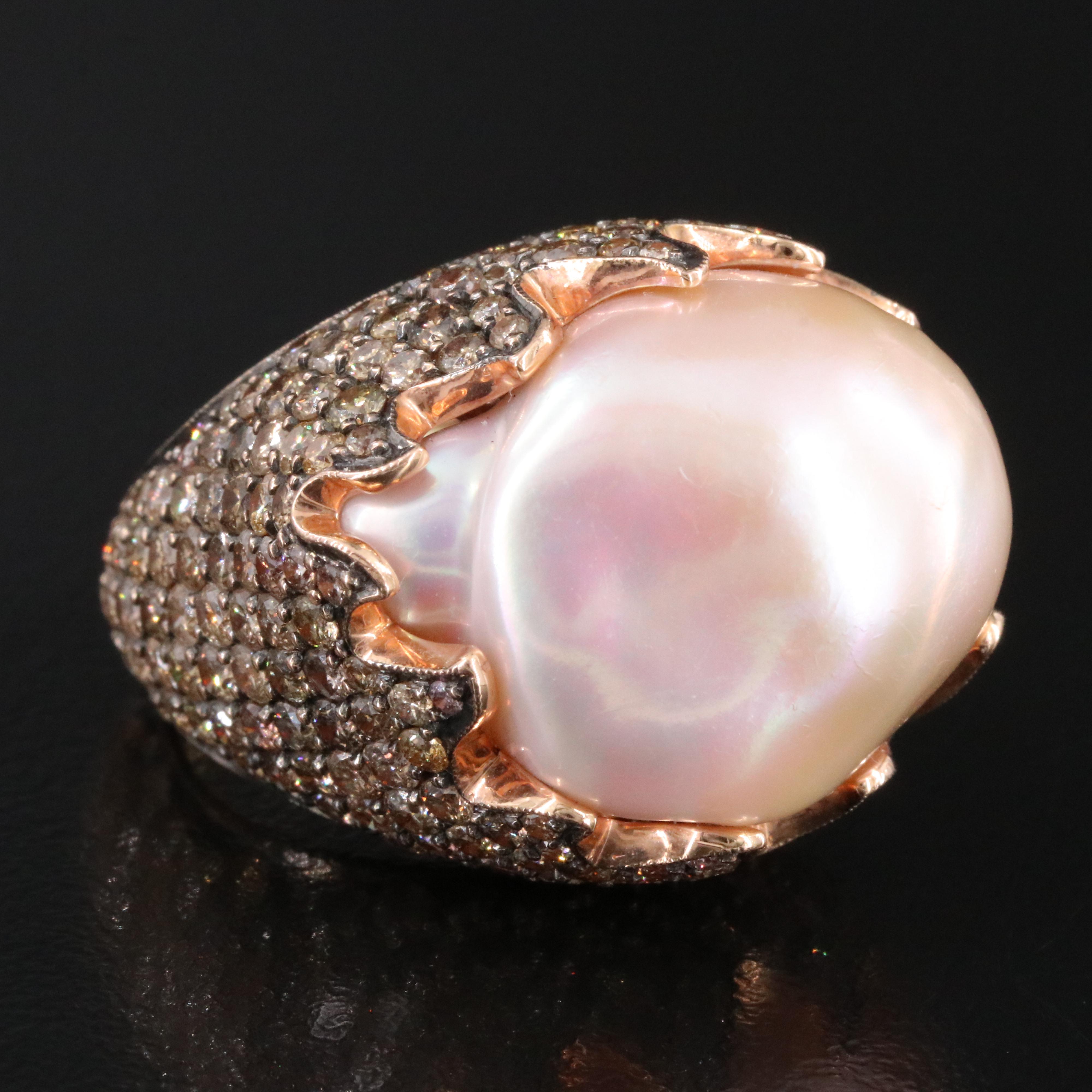 18K Pearl and Diamond Rose Gold Ring