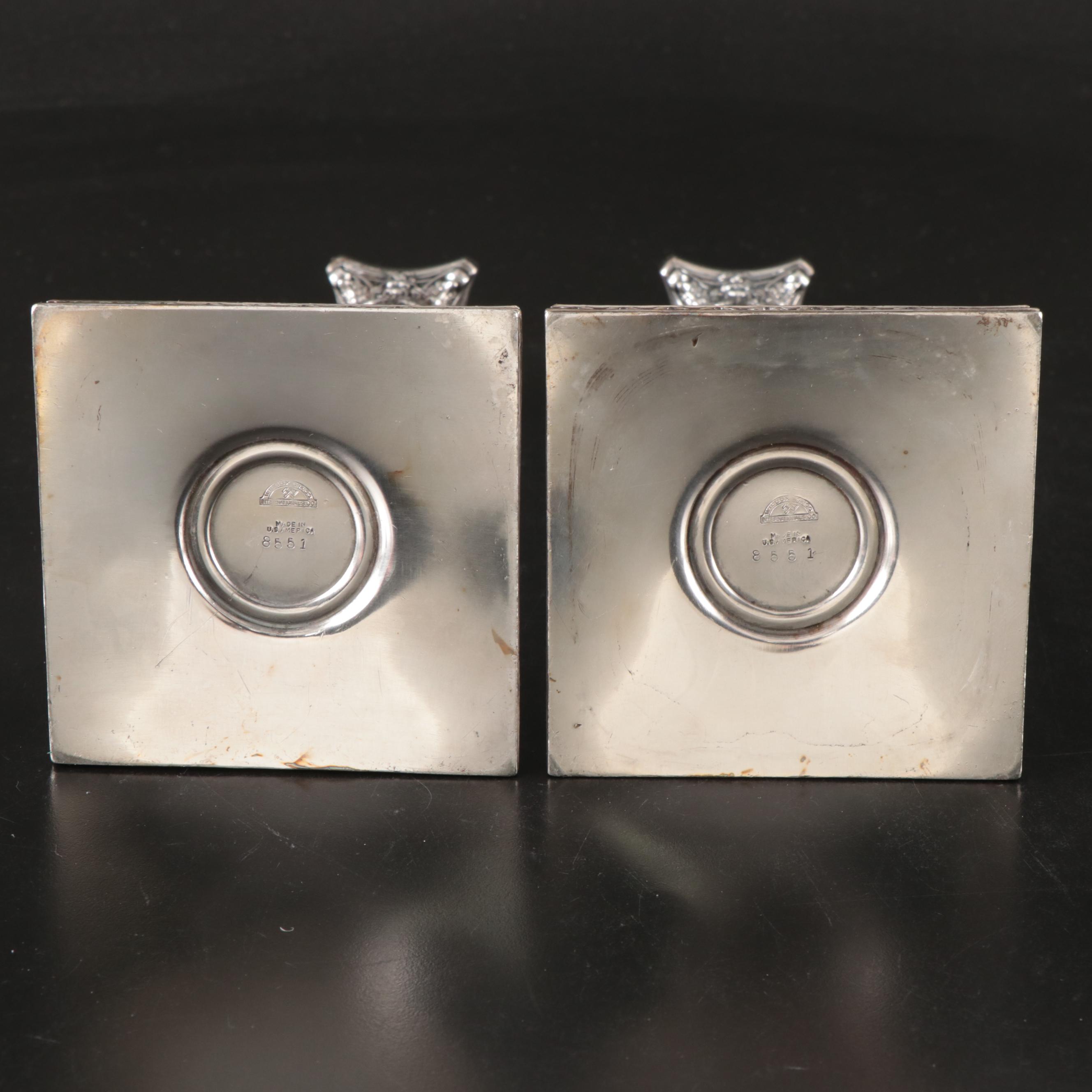 Pair of Wilcox Neoclassical Style Silver Plate Candlesticks with Footed Dish