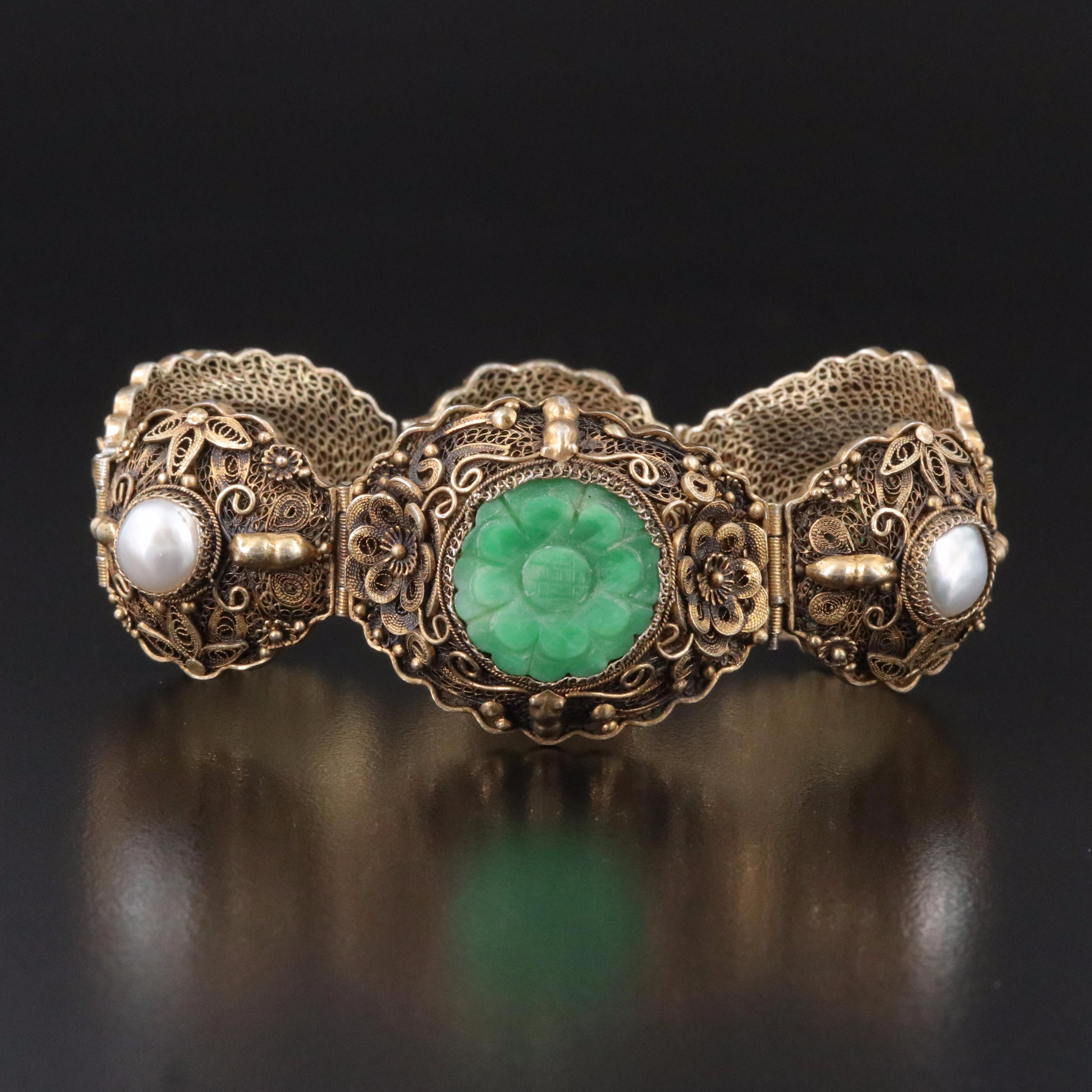 Chinese Export Sterling Carved Jadeite and Pearl Filigree Bracelet
