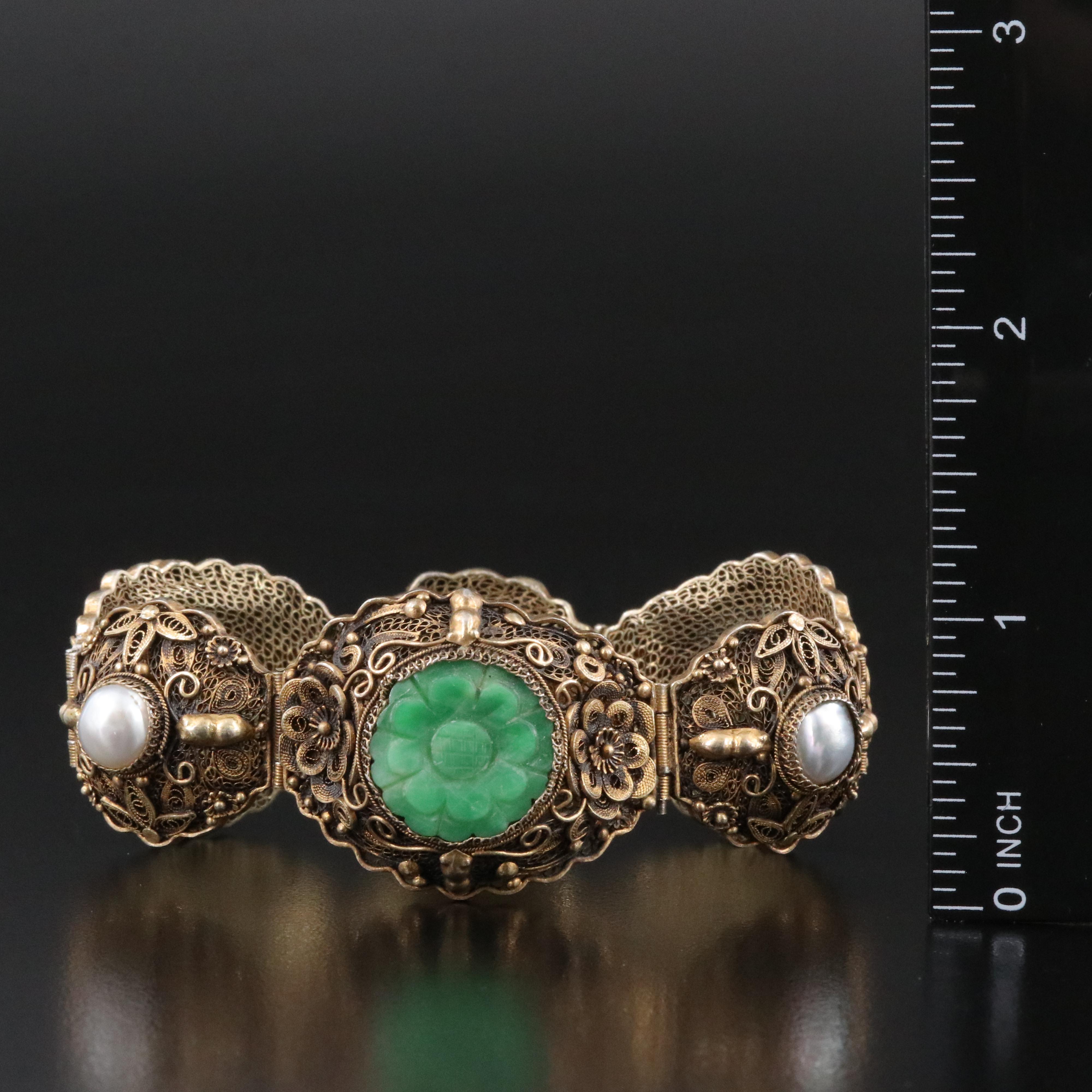 Chinese Export Sterling Carved Jadeite and Pearl Filigree Bracelet
