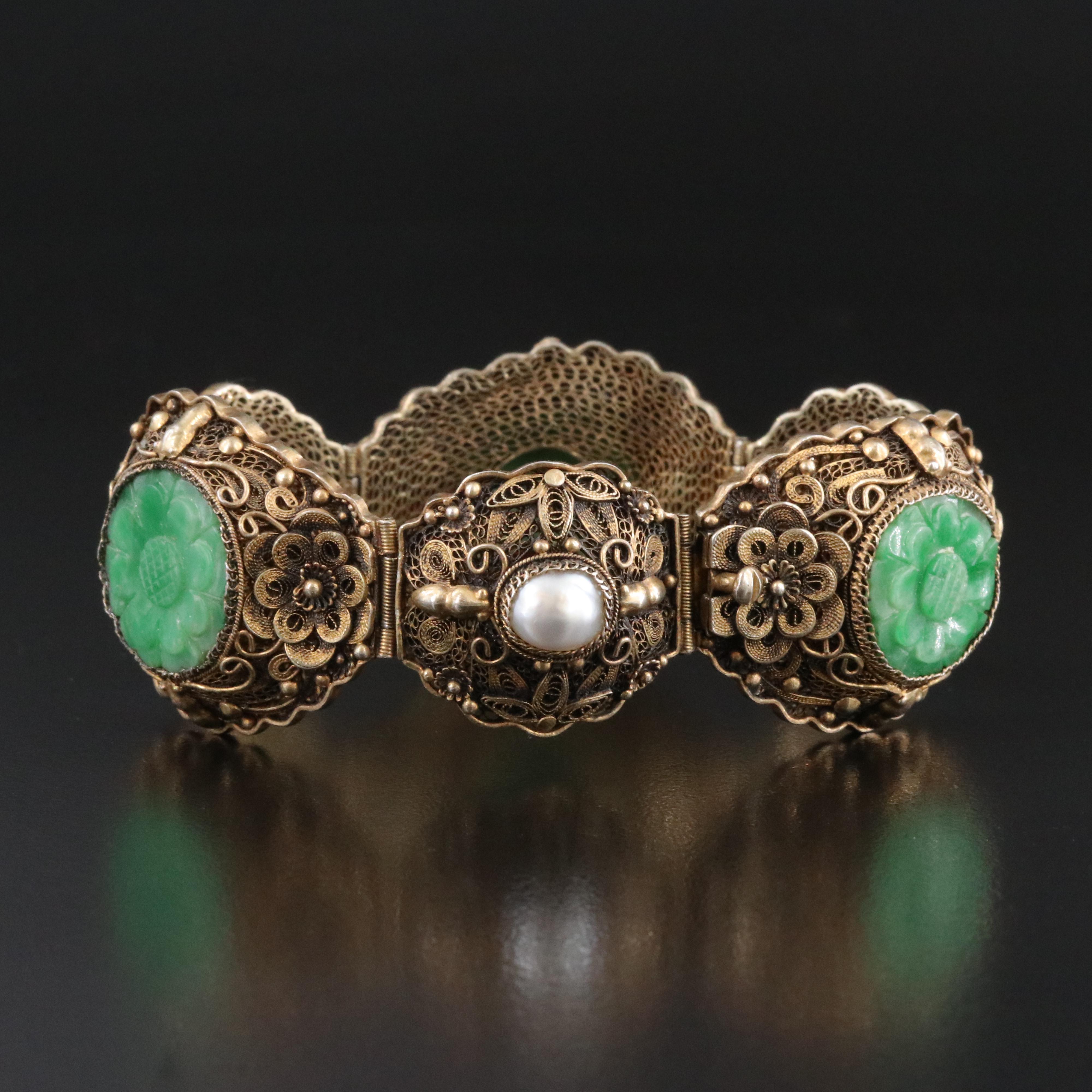 Chinese Export Sterling Carved Jadeite and Pearl Filigree Bracelet