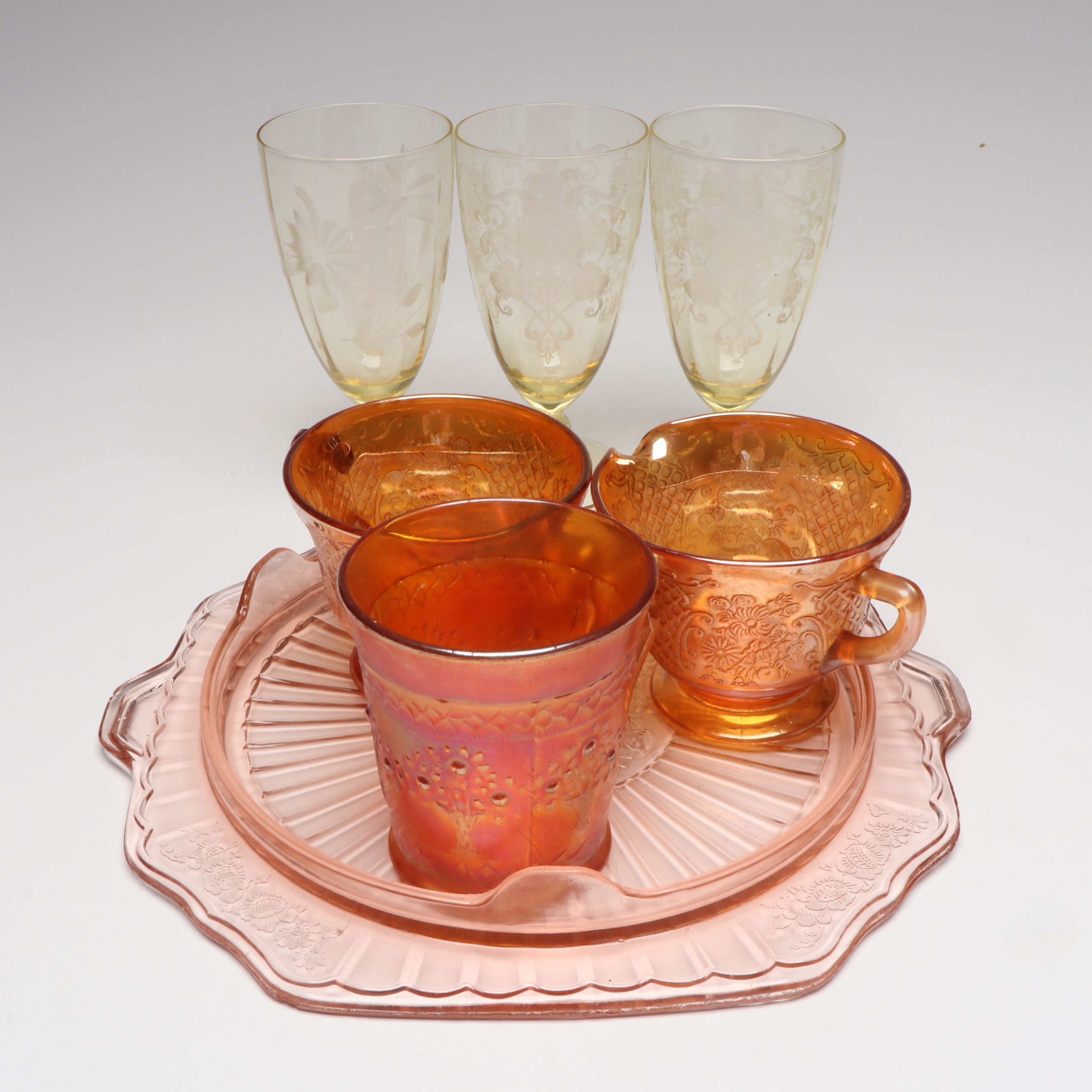 Federal Glass "Normandie" Iridescent Creamer and Sugar, More Depression Glass