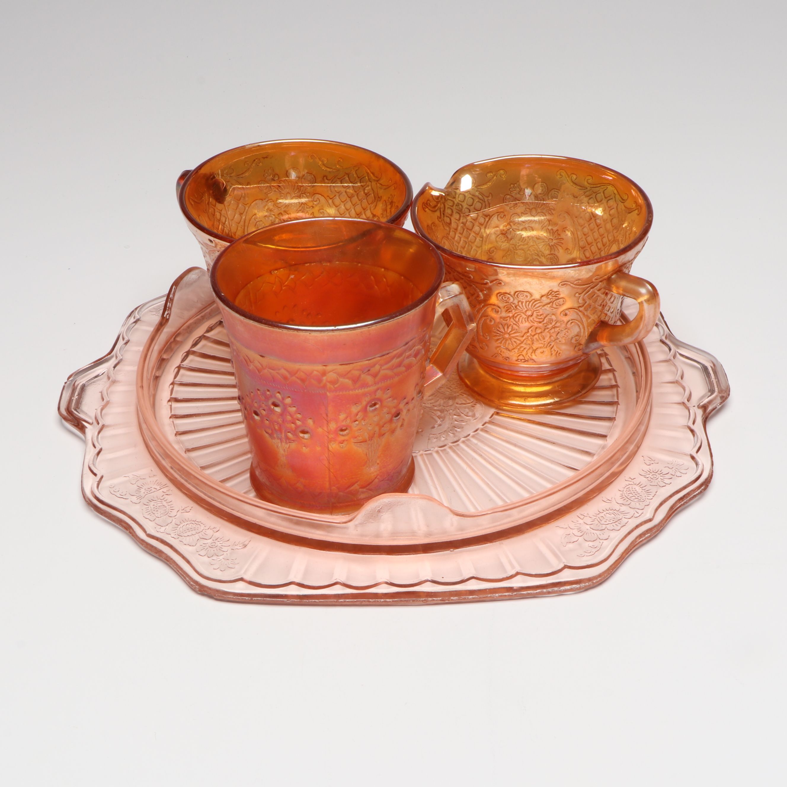 Federal Glass "Normandie" Iridescent Creamer and Sugar, More Depression Glass