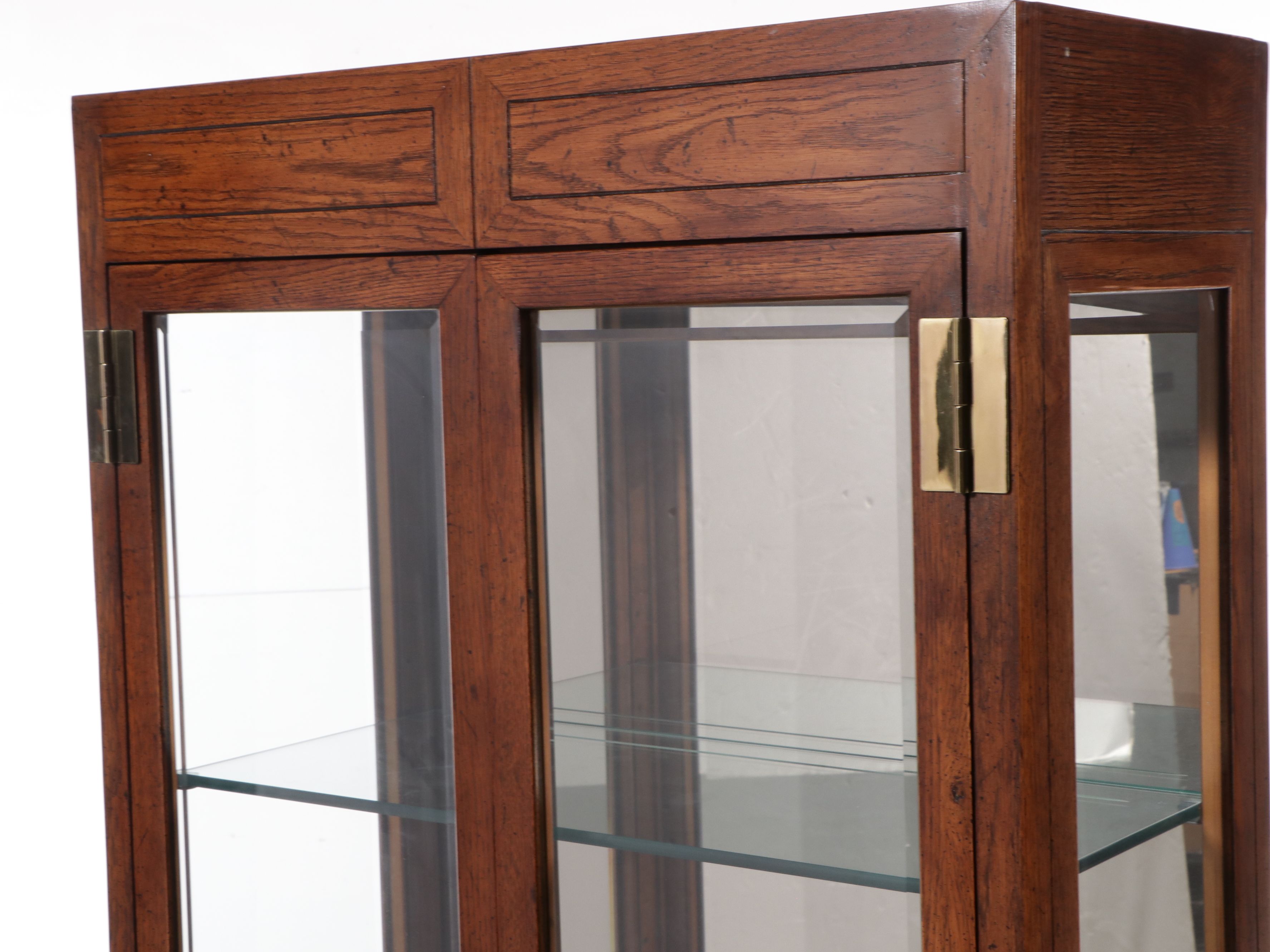Henredon Oak Finish Mirrored Back Campaign Style Display Cabinets