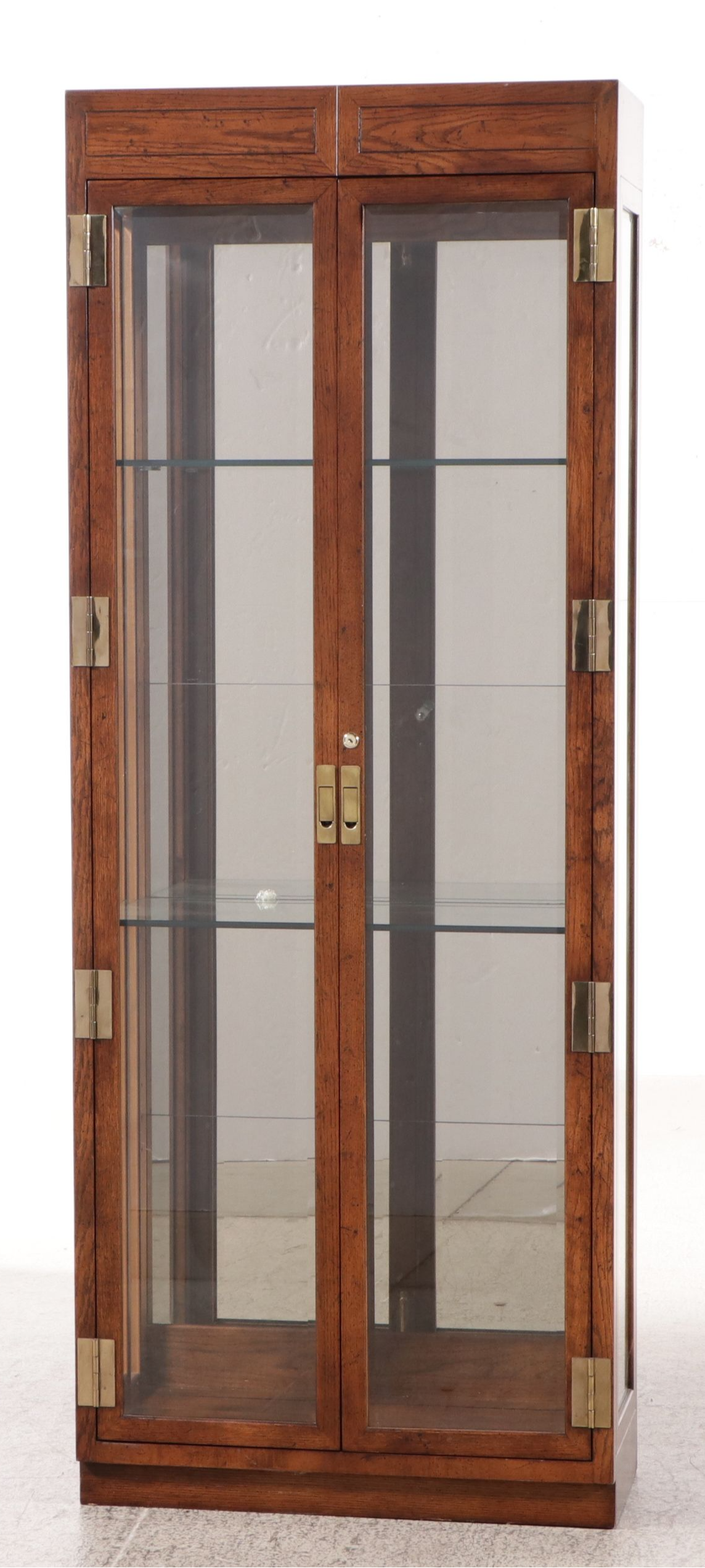 Henredon Oak Finish Mirrored Back Campaign Style Display Cabinets