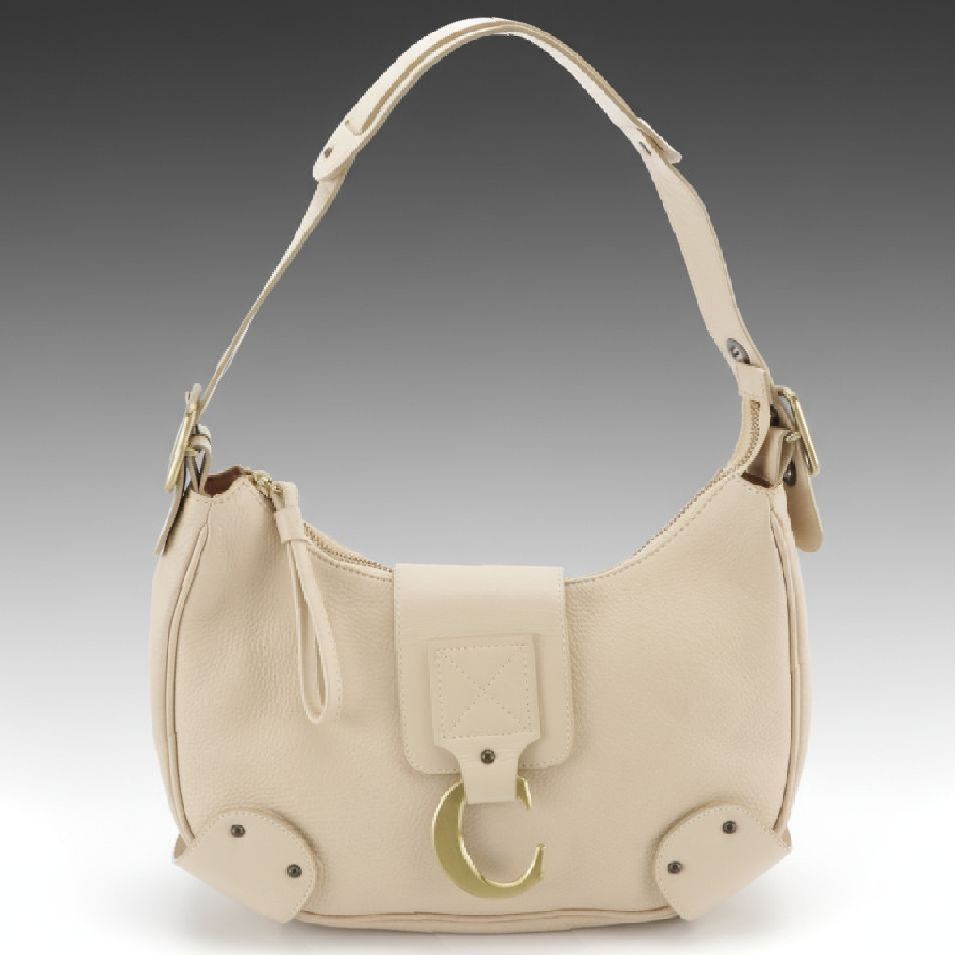 Chloé Half Moon C Charm Shoulder Bag in Off-White Grained Leather