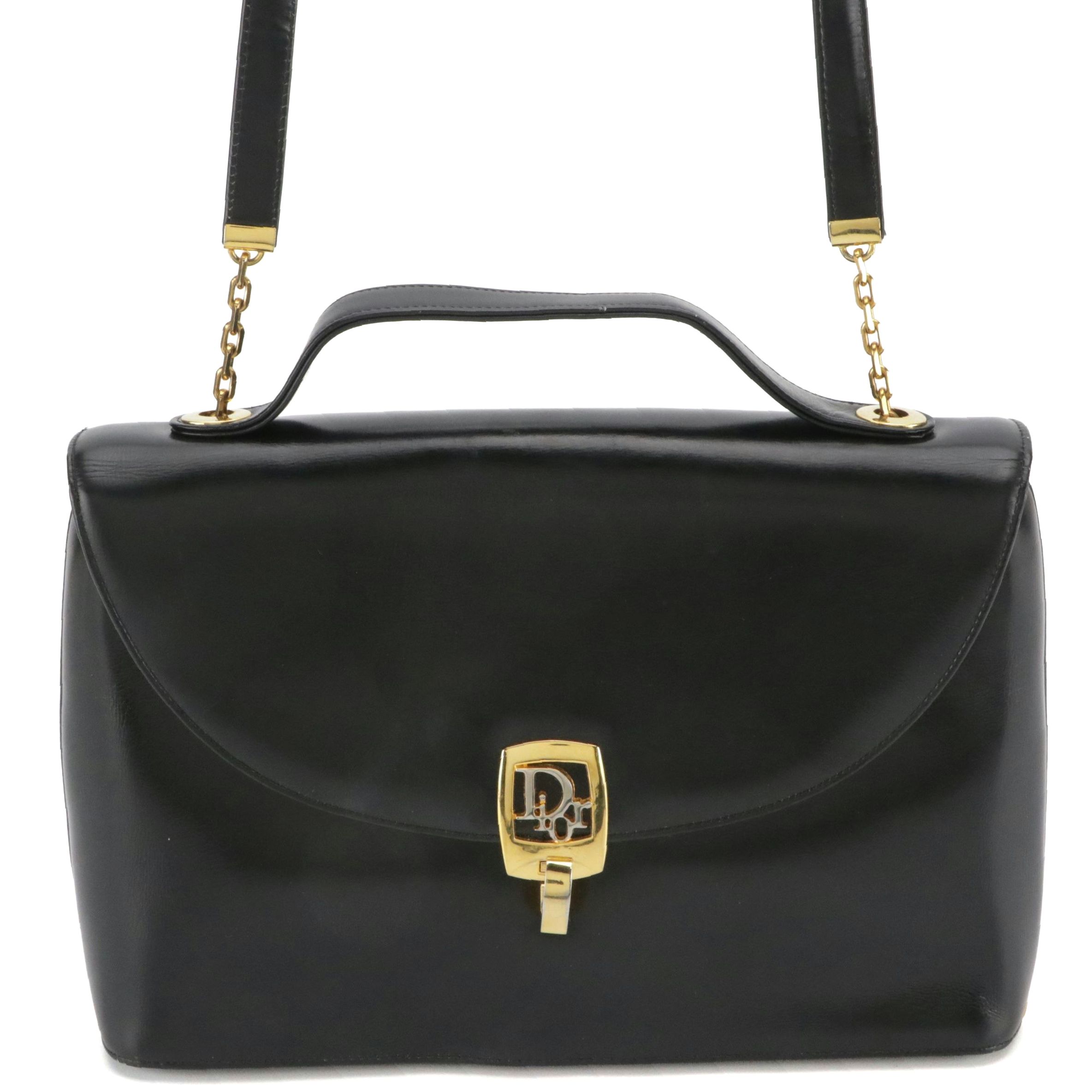 Christian Dior Top Handle Front Flap Two-Way Bag in Black Calfskin Leather