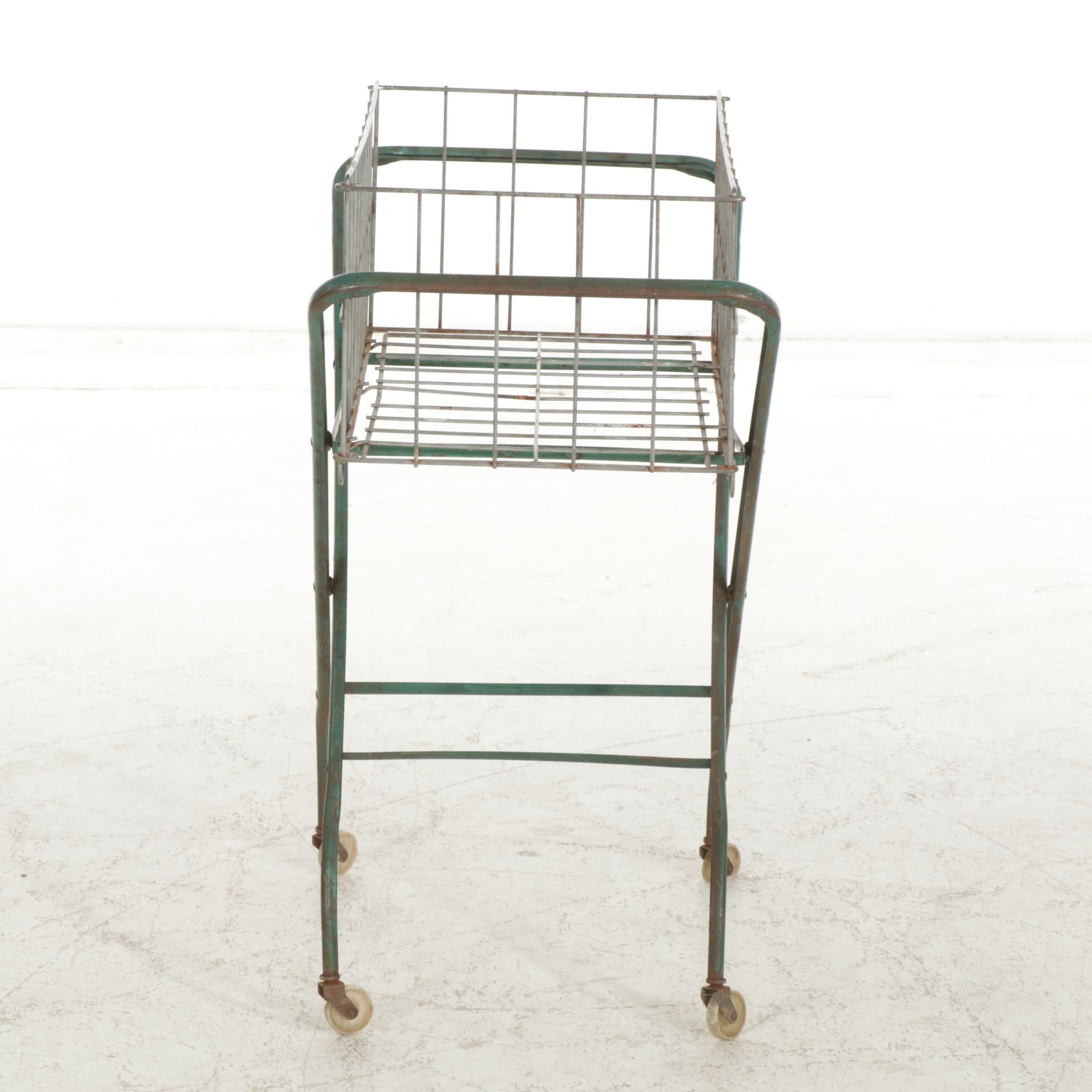 Wire Laundry Hamper with Folding Metal Rolling Rack, Mid-20th Century