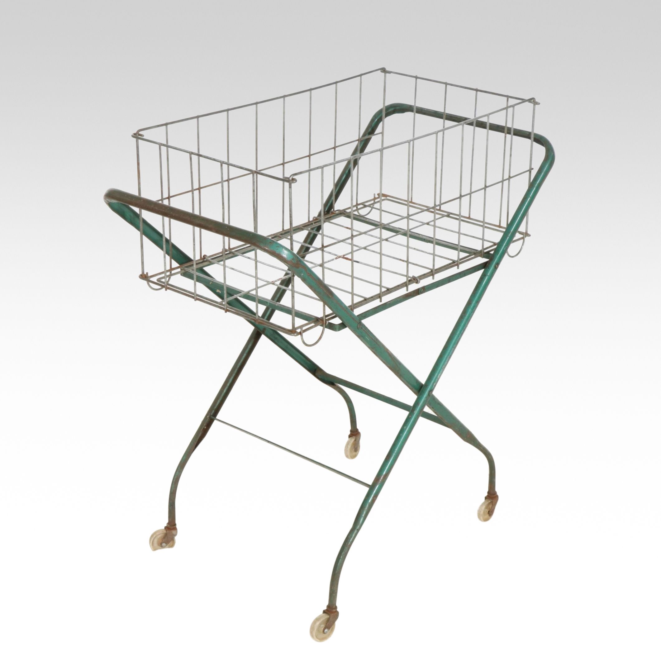Wire Laundry Hamper with Folding Metal Rolling Rack, Mid-20th Century