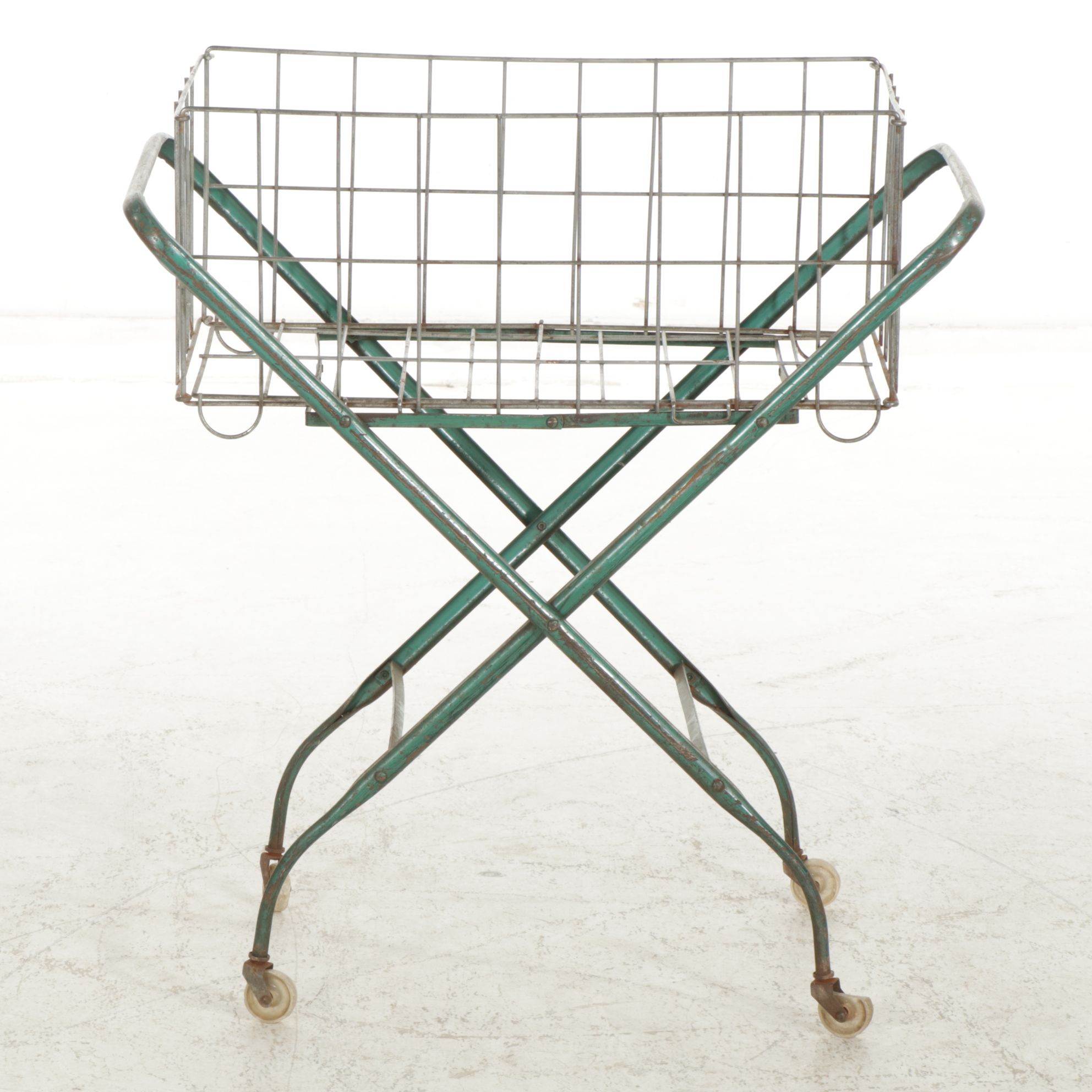 Wire Laundry Hamper with Folding Metal Rolling Rack, Mid-20th Century